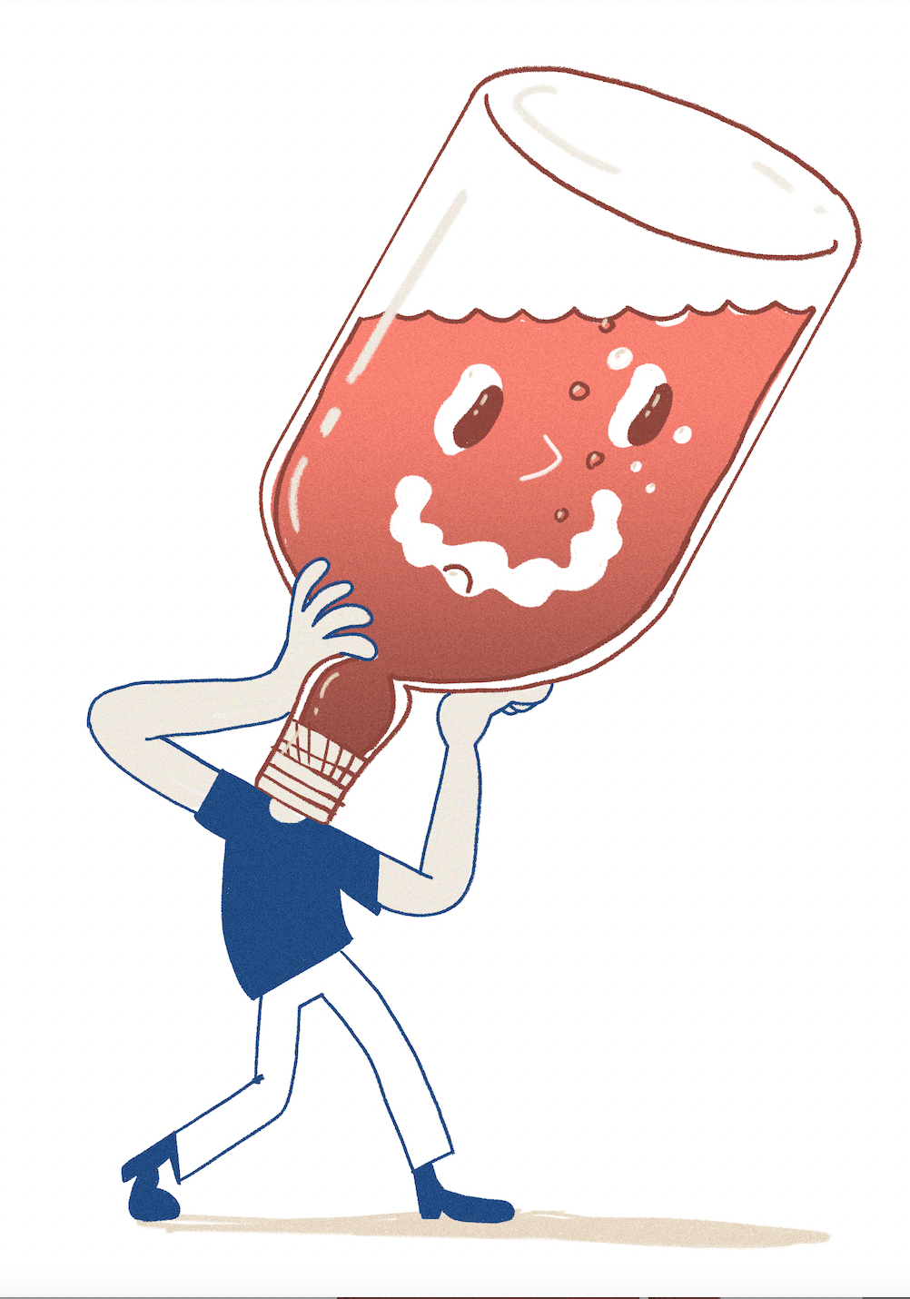ILUSTRAÇÃO "2 - FELICIDADE ENGARRAFADA" JOÃO COSTA Desenho de pessoa a segurar uma grande garrafa com líquido vermelho e rosto sorridente