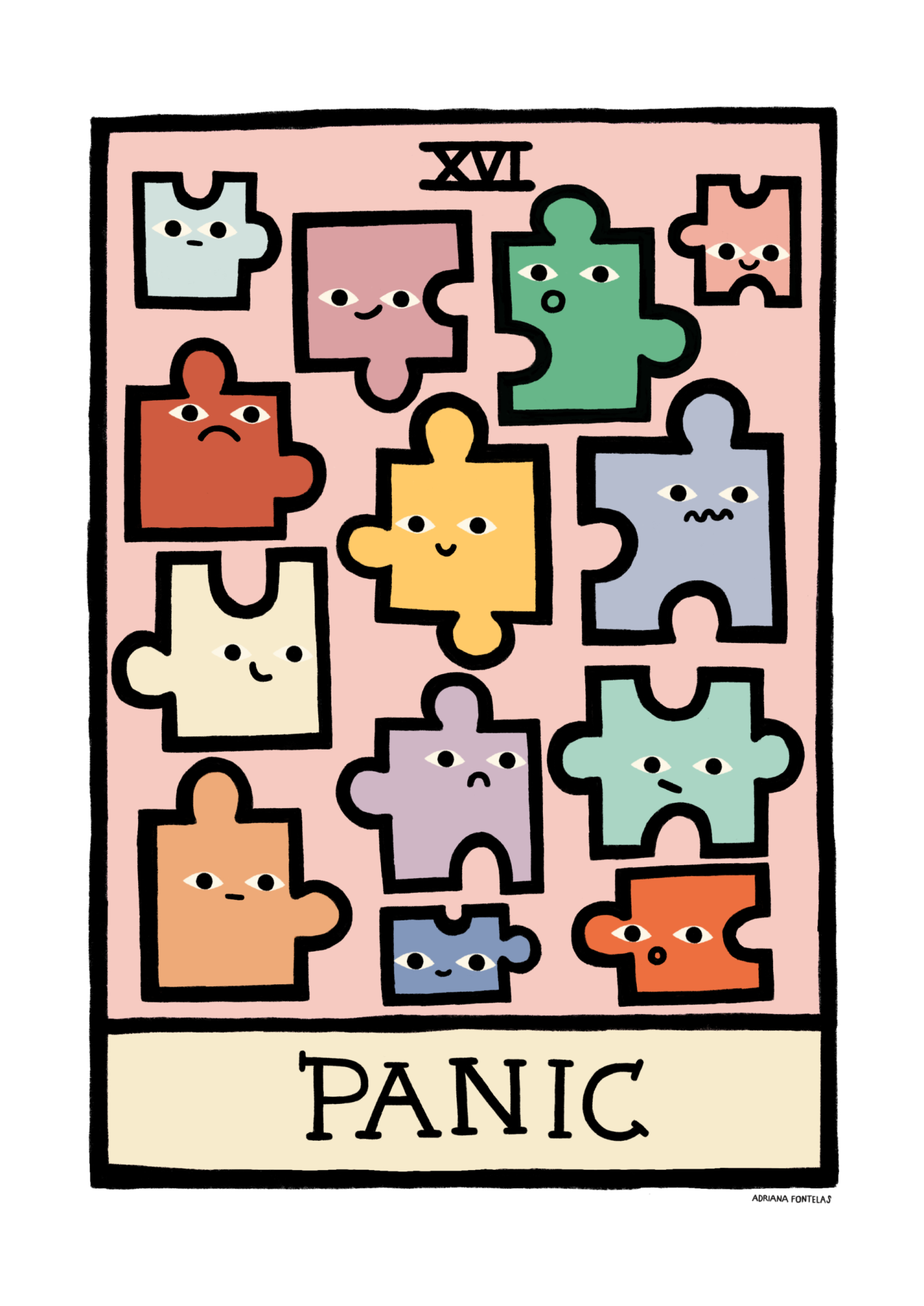 ILUSTRAÇÃO "XVI - PANIC" ADRIANA FONTELAS Peças de puzzle coloridas com olhos e expressões, fundo rosa, texto XVI e PANIC