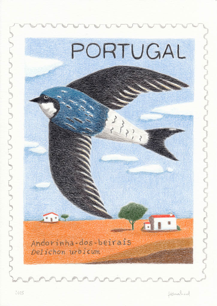 ILUSTRAÇÃO "ANDORINHA" BÁRBARA AMARAL Selo postal com ilustração de andorinha-dos-beirais e paisagem rural