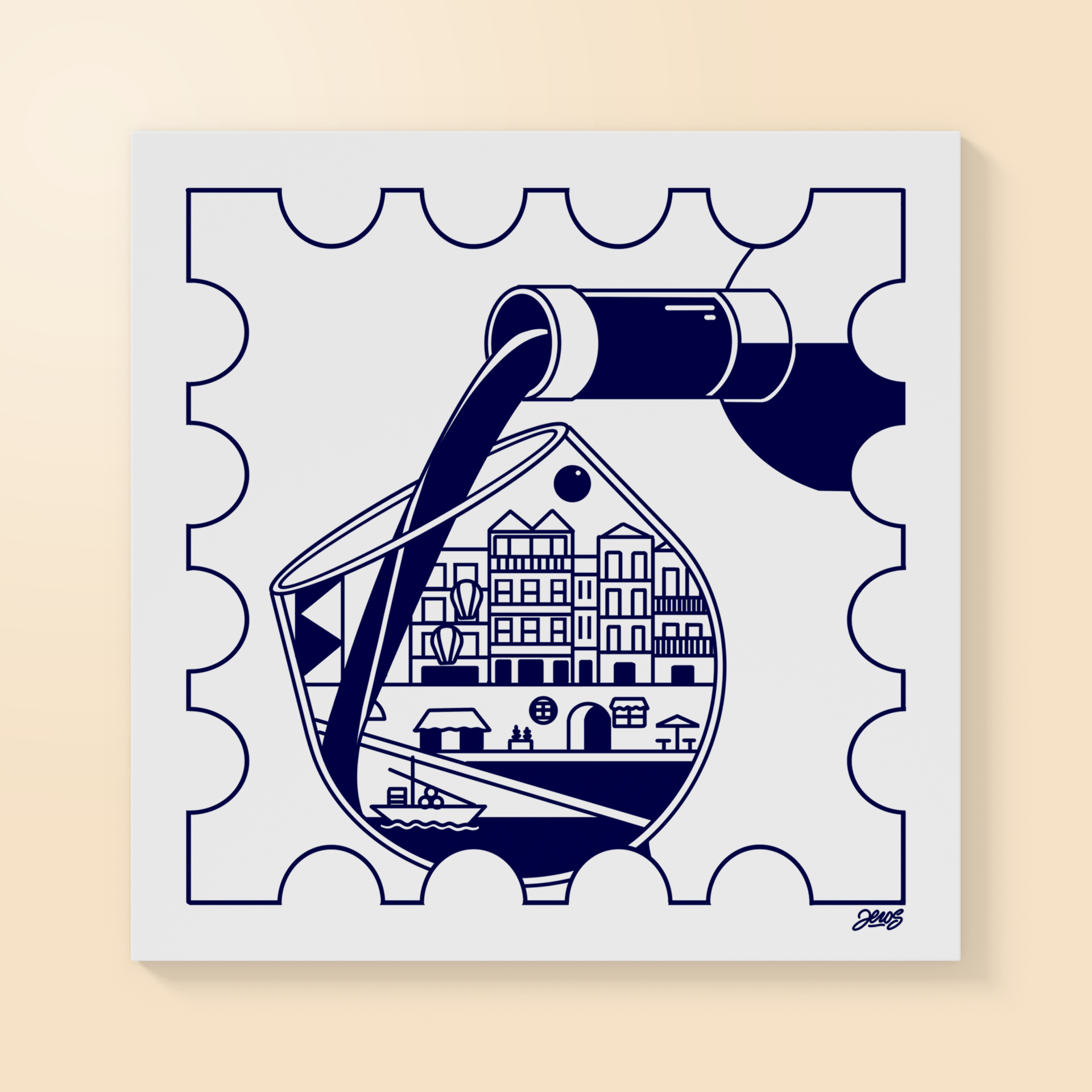 ILUSTRAÇÃO "DOURO II (COPO)" ZEROS TATTOO Puzzle com ilustração monocromática de garrafa a verter líquido para cálice com desenhos urbanos no interior.