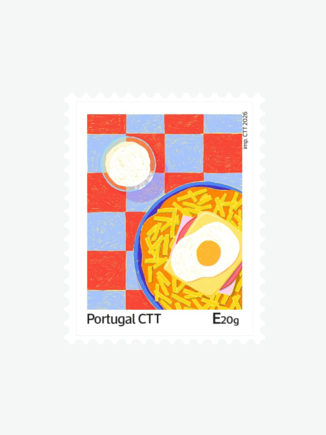 SELO "1. FRANCESINHA" KIKA Selo postal com ilustração de prato de comida sobre mesa quadriculada