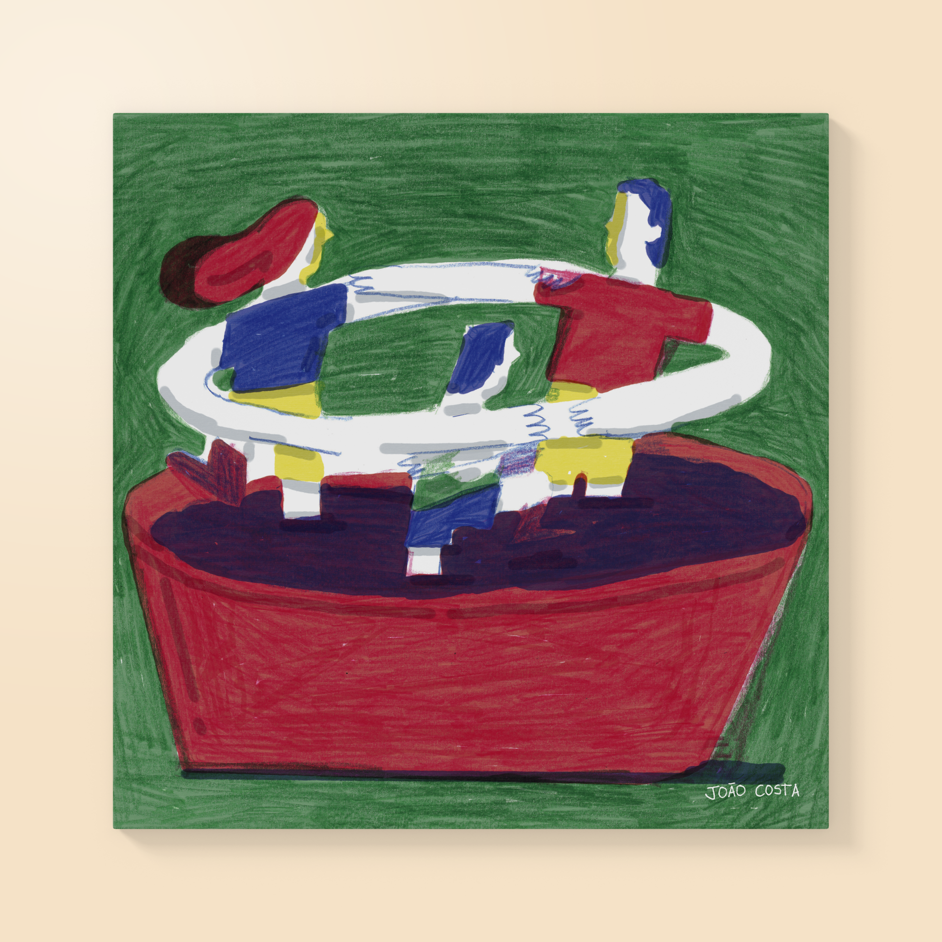ILUSTRAÇÃO "DOURO II (MARCHAR, MARCHAR, MARCHAR)" JOÃO COSTA Pintura de uma família estilizada sentada num sofá vermelho com fundo verde.
