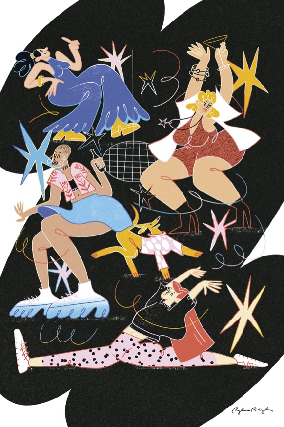 ILUSTRAÇÃO "WOMEN'S PARTY" BOGLÁRKA BALOGH Ilustração de quatro pessoas a dançar e um cão em fundo preto com estrelas coloridas