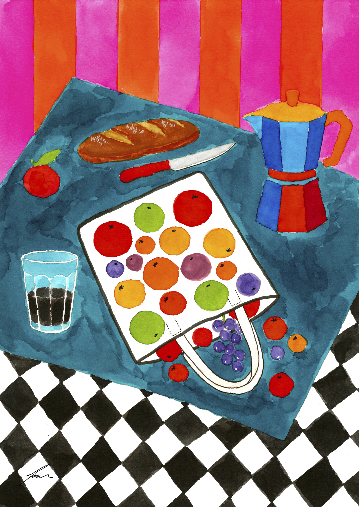 ORIGINAL "PEQUENO-ALMOÇO I" JOANA NÓBREGA Ilustração de mesa com pão, faca, jarra colorida, copo com líquido escuro e saco branco com desenhos de frutas.