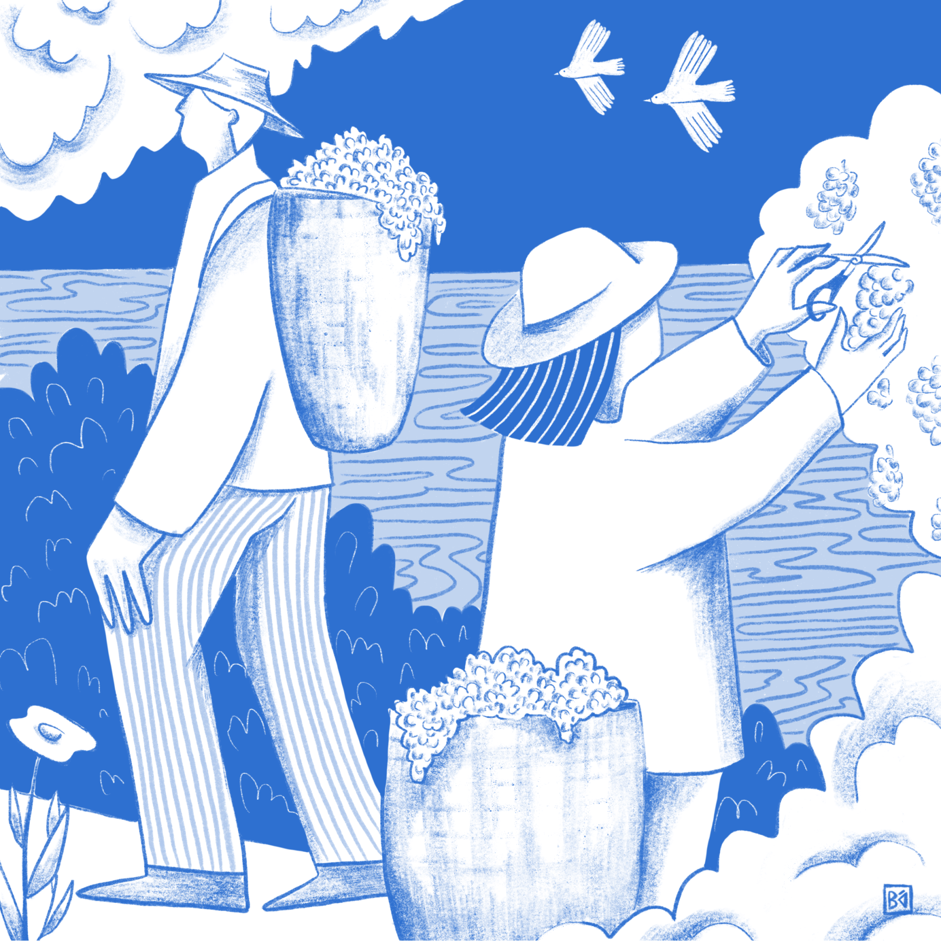 ILUSTRAÇÃO "DOURO I" BÁRBARA AMARAL Desenho em azul e branco de duas pessoas a apanharem cachos, com chapéus e cesto.