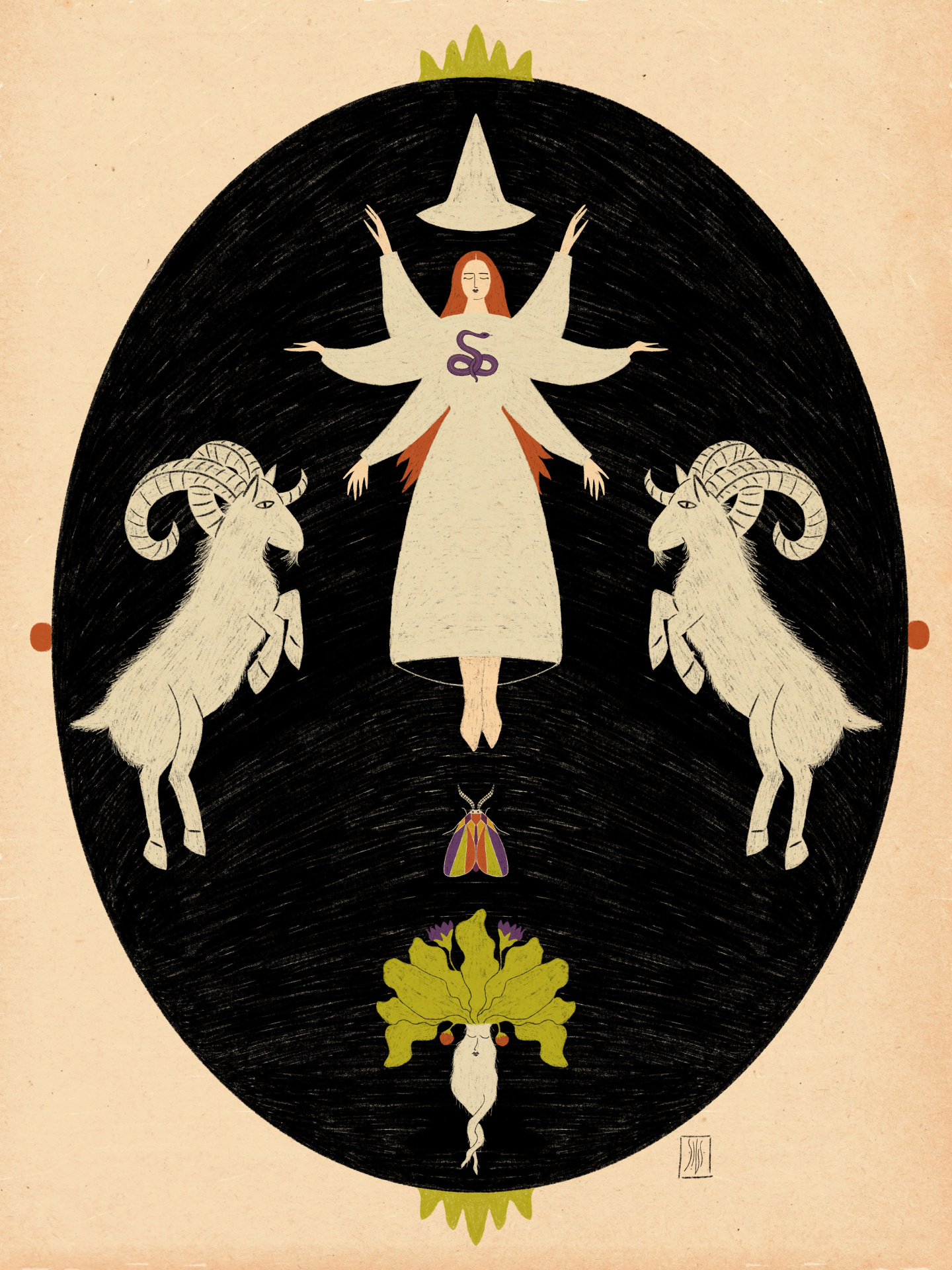 ILUSTRAÇÃO "WITCHES" SUSANA SILVA Ilustração vetorial de figura feminina com seis braços, cabras, inseto e elementos decorativos sobre fundo bege e círculo preto
