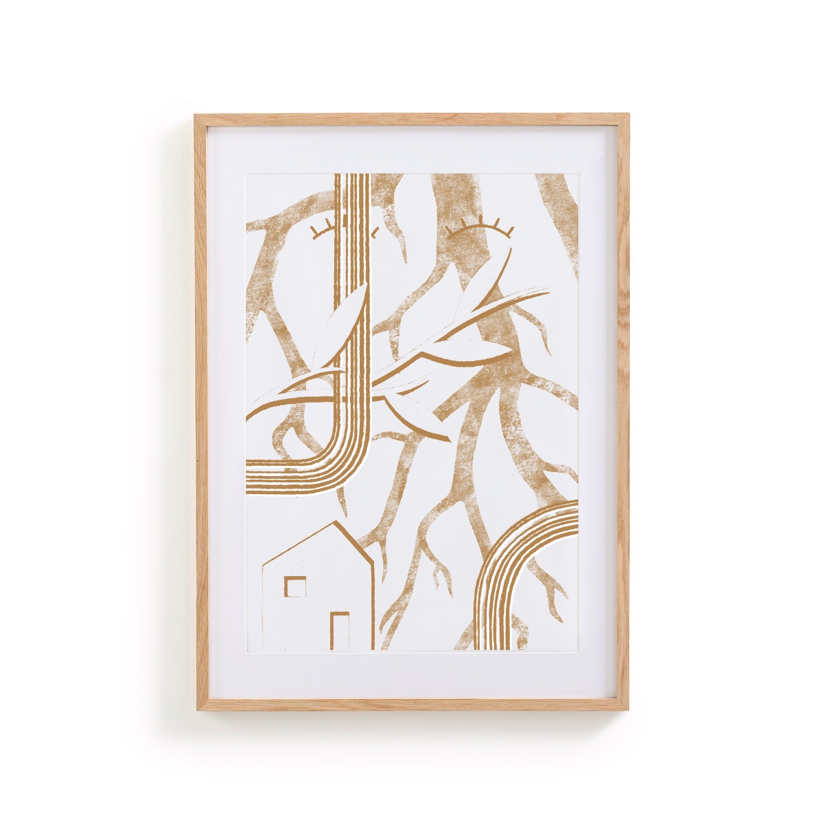 ILUSTRAÇÃO GICLÉE "SONHO #3" JOANA MUNDANA Quadro decorativo com moldura de madeira e ilustração abstrata dourada