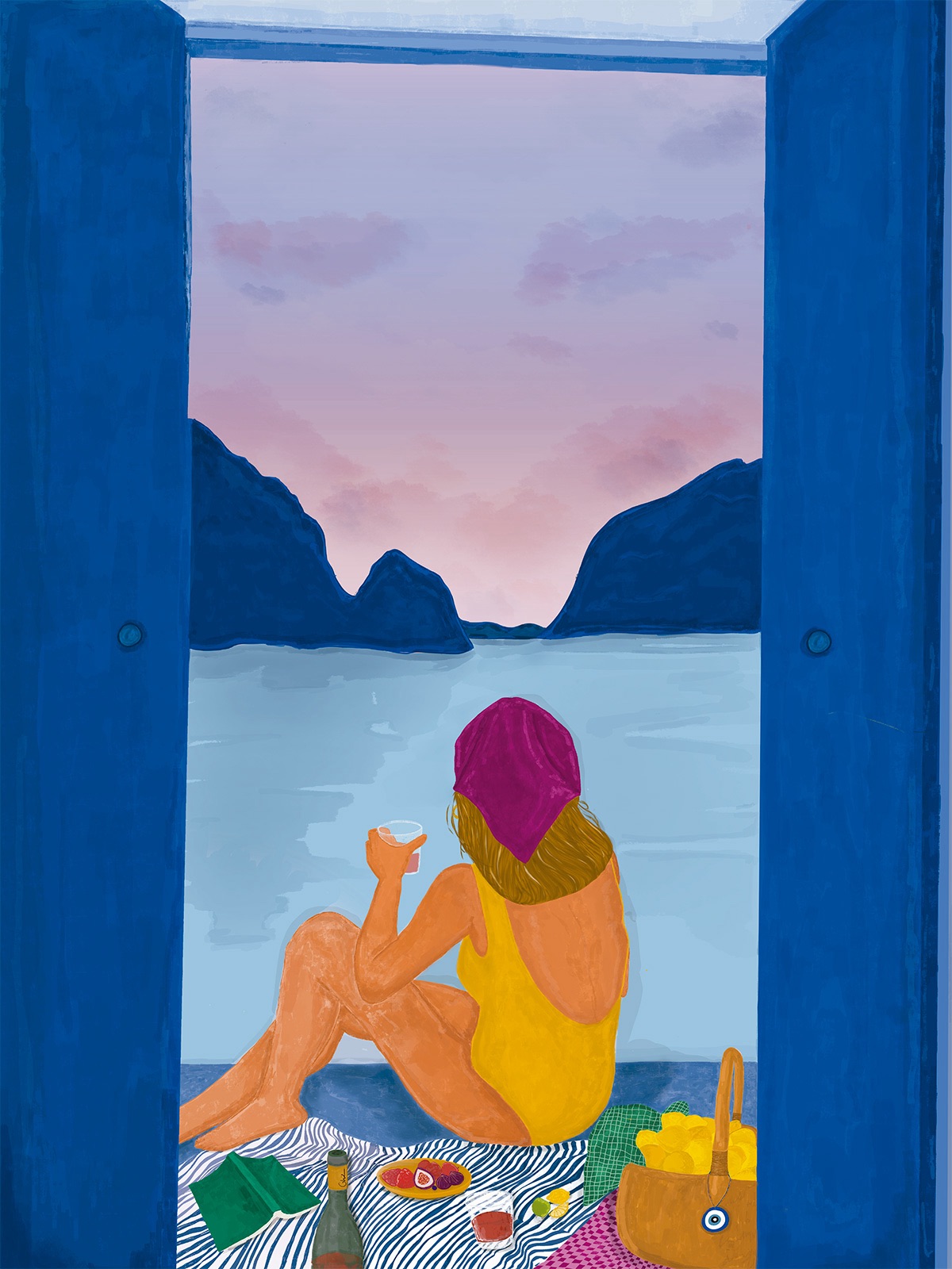 ILUSTRAÇÃO "À BEIRA DO AZUL" GHIZLAINE LAHROUGUI Ilustração de mulher de fato-de-banho amarelo sentada em toalha à beira do mar entre portas azuis
