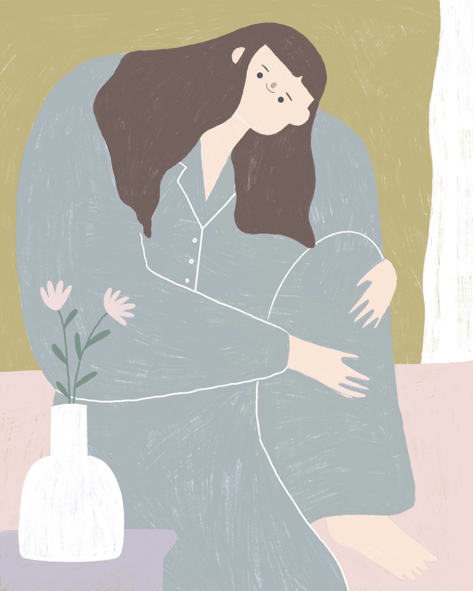 ILUSTRAÇÃO "BOM DIA" GAMBUZINO Ilustração de mulher de pijama azul claro ao lado de vaso com flores cor-de-rosa