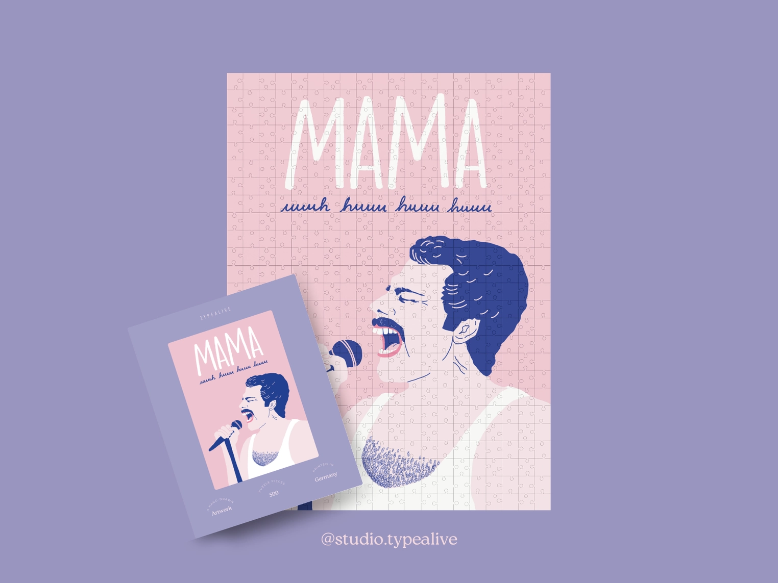 PUZZLE "MAMA" TYPEALIVE Poster rosa com ilustração de homem a cantar e texto MAMA uuuuh huu huu huu