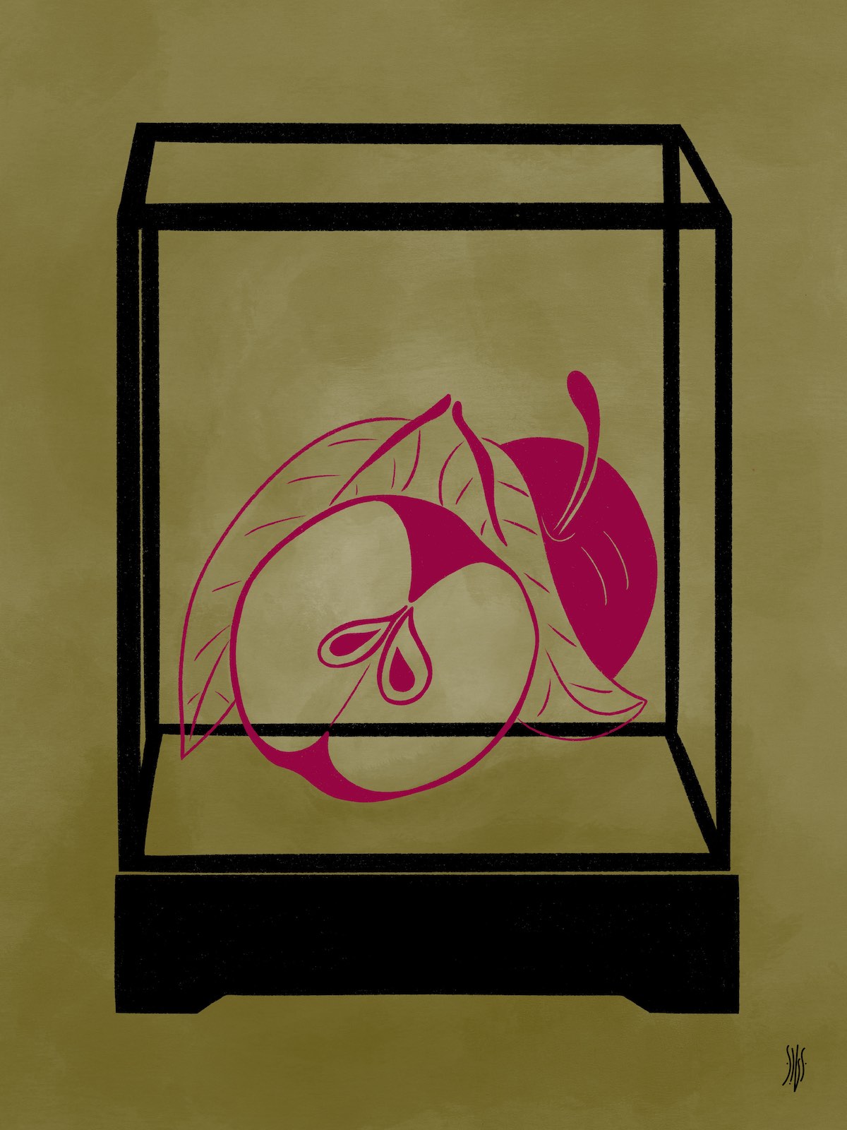 ILUSTRAÇÃO "APPLE" SUSANA SILVA Desenho de uma maçã cor-de-rosa dentro de uma caixa preta tridimensional sobre fundo verde oliva