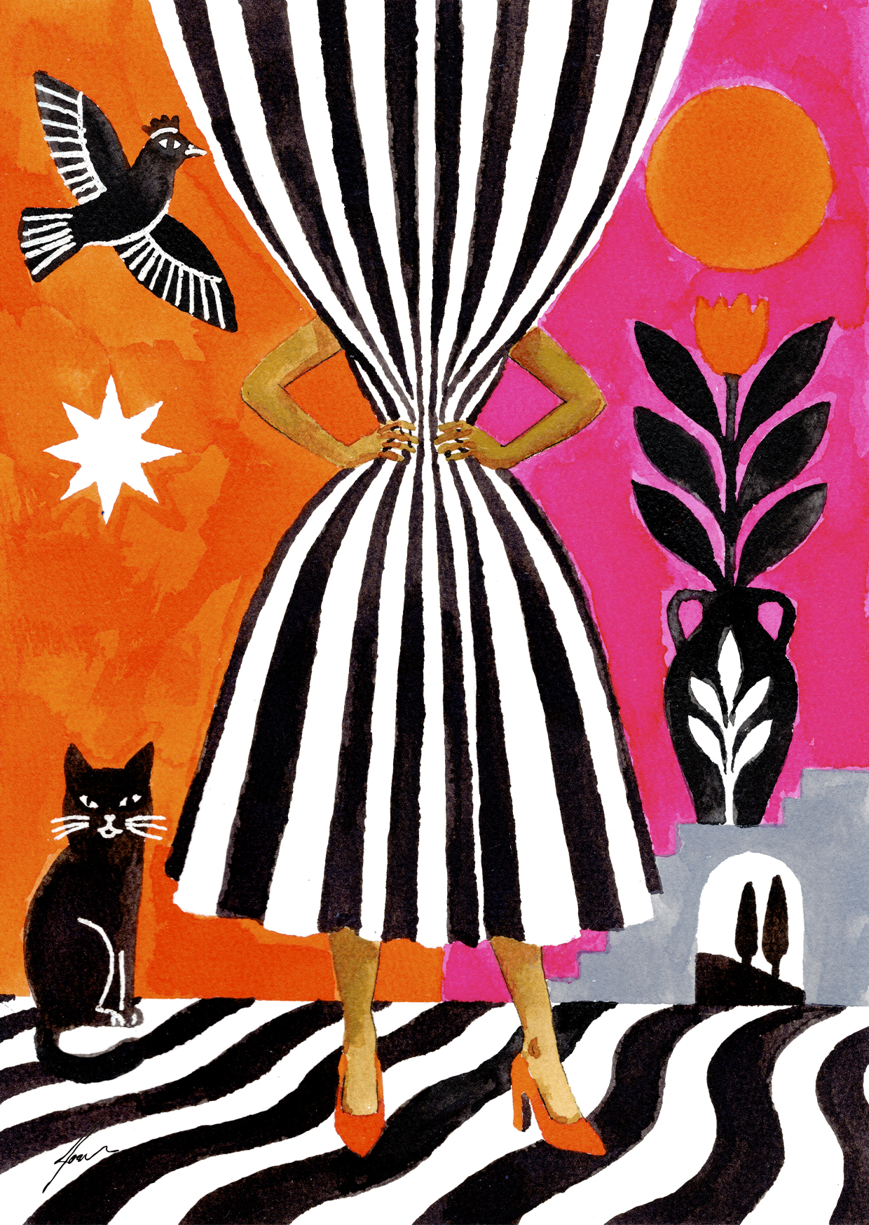 ORIGINAL "POR TRÁS DA CORTINA II" JOANA NÓBREGA Vestido riscas preto e branco com sapatos laranja, gato preto, pássaro, flor em vaso e fundo colorido.