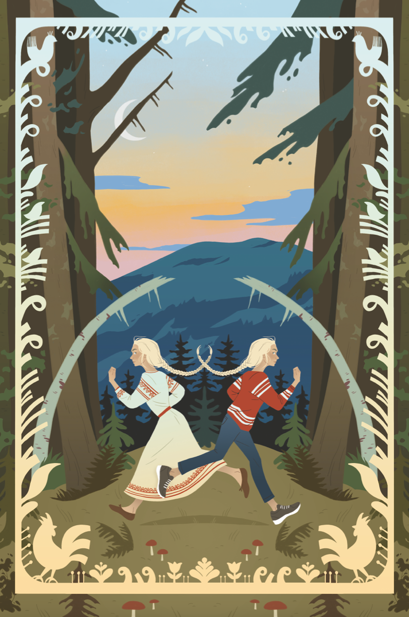 ILLUSTRATING FOR UKRAINE 91 🇺🇦 Ilustração de duas mulheres a correr numa floresta com montanhas ao fundo ao pôr do sol