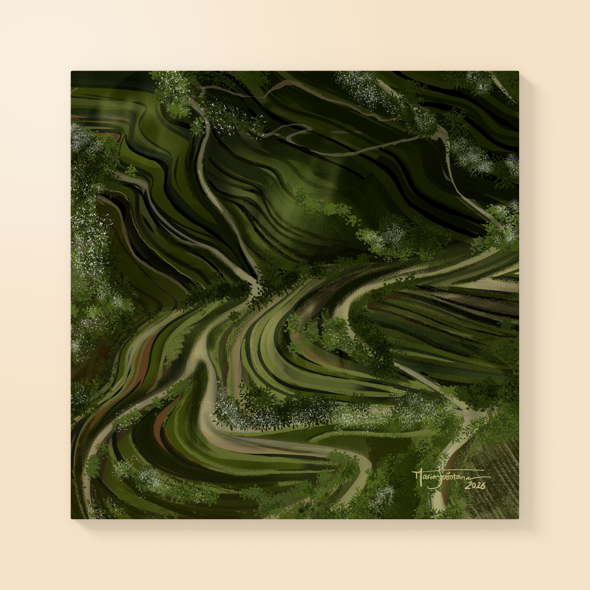 ILUSTRAÇÃO "DOURO II" MARIA JOÃO FARIA Pintura abstrata em tons de verde com padrões ondulados e vegetação