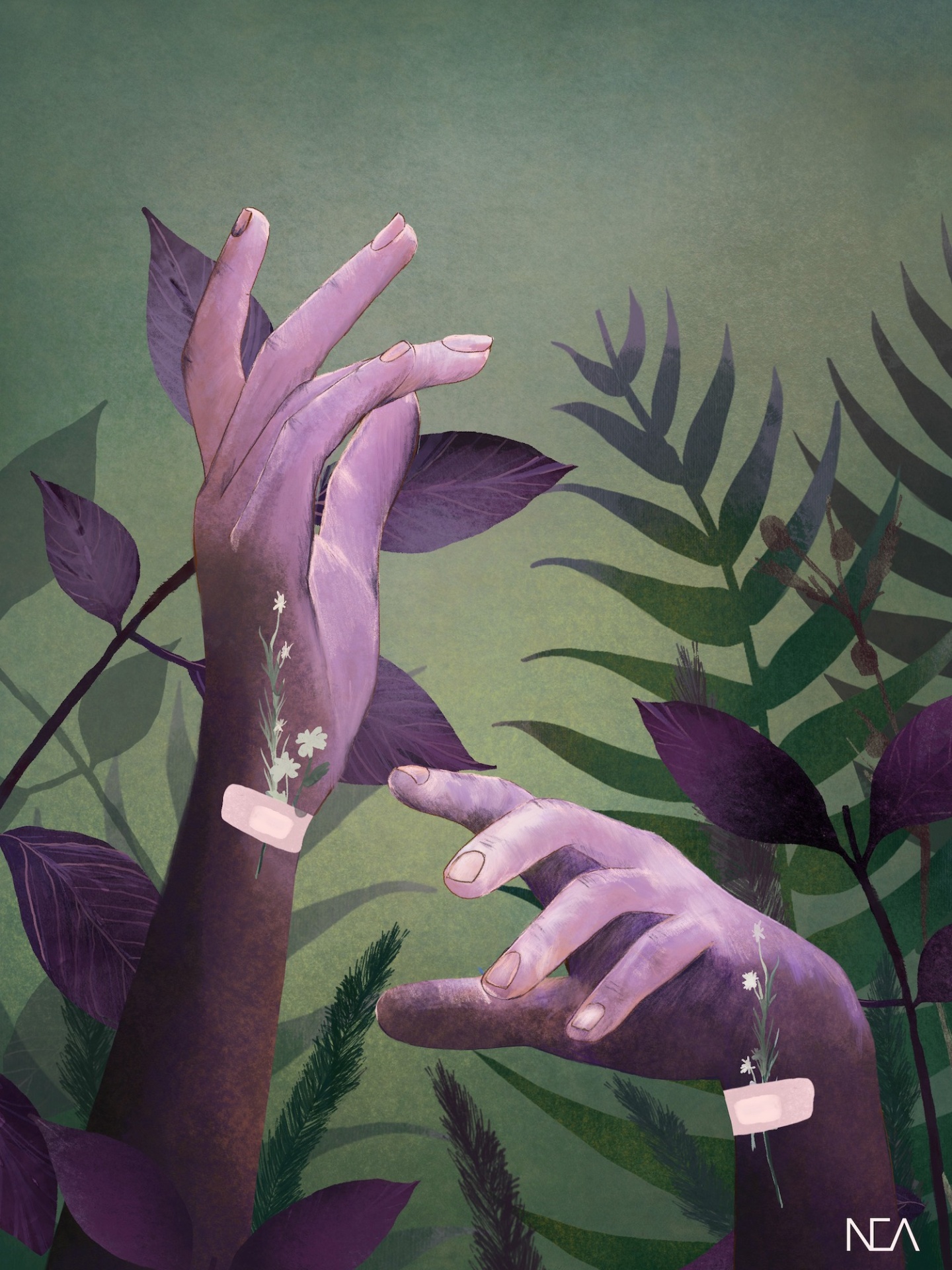 ILUSTRAÇÃO "2. HEALING" NEA LIKAR Ilustração digital de mãos lilás e castanho com flores e folhas em fundo verde