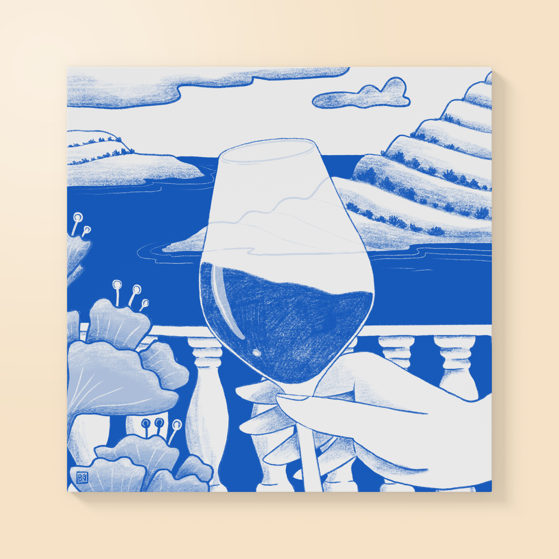 ILUSTRAÇÃO "DOURO II" BÁRBARA AMARAL Desenho azul e branco de copo de vinho com paisagem de montanhas e mar ao fundo