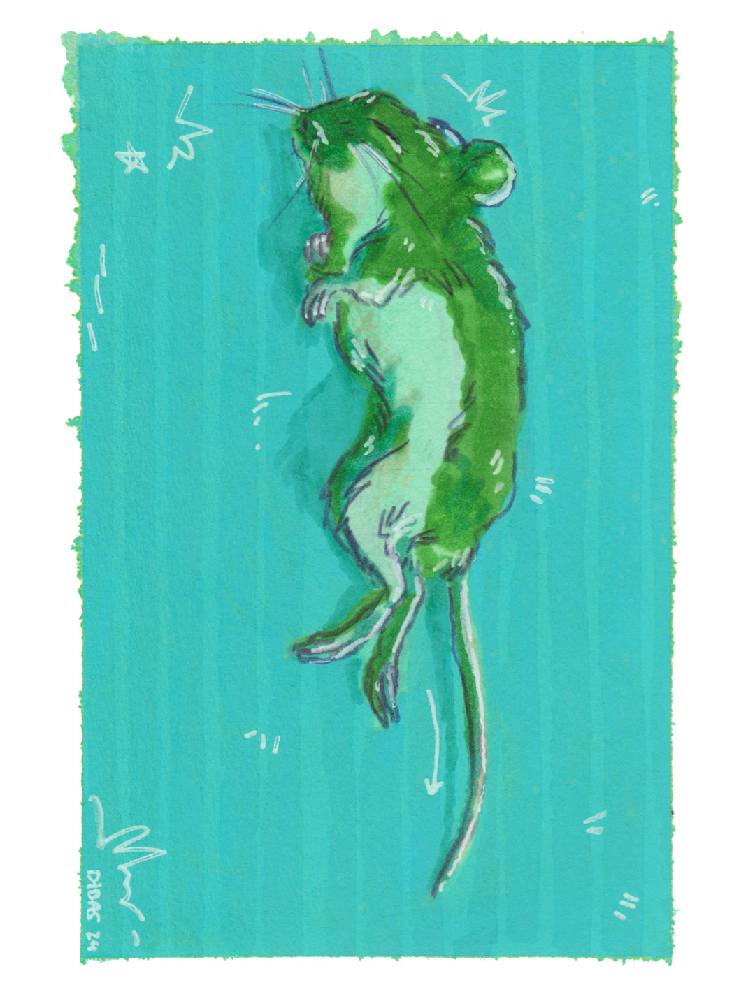 ORIGINAL "CREATURE" DIOGO PAIXÃO Ilustração de rato verde com ventre branco sobre fundo azul com pequenos desenhos brancos.