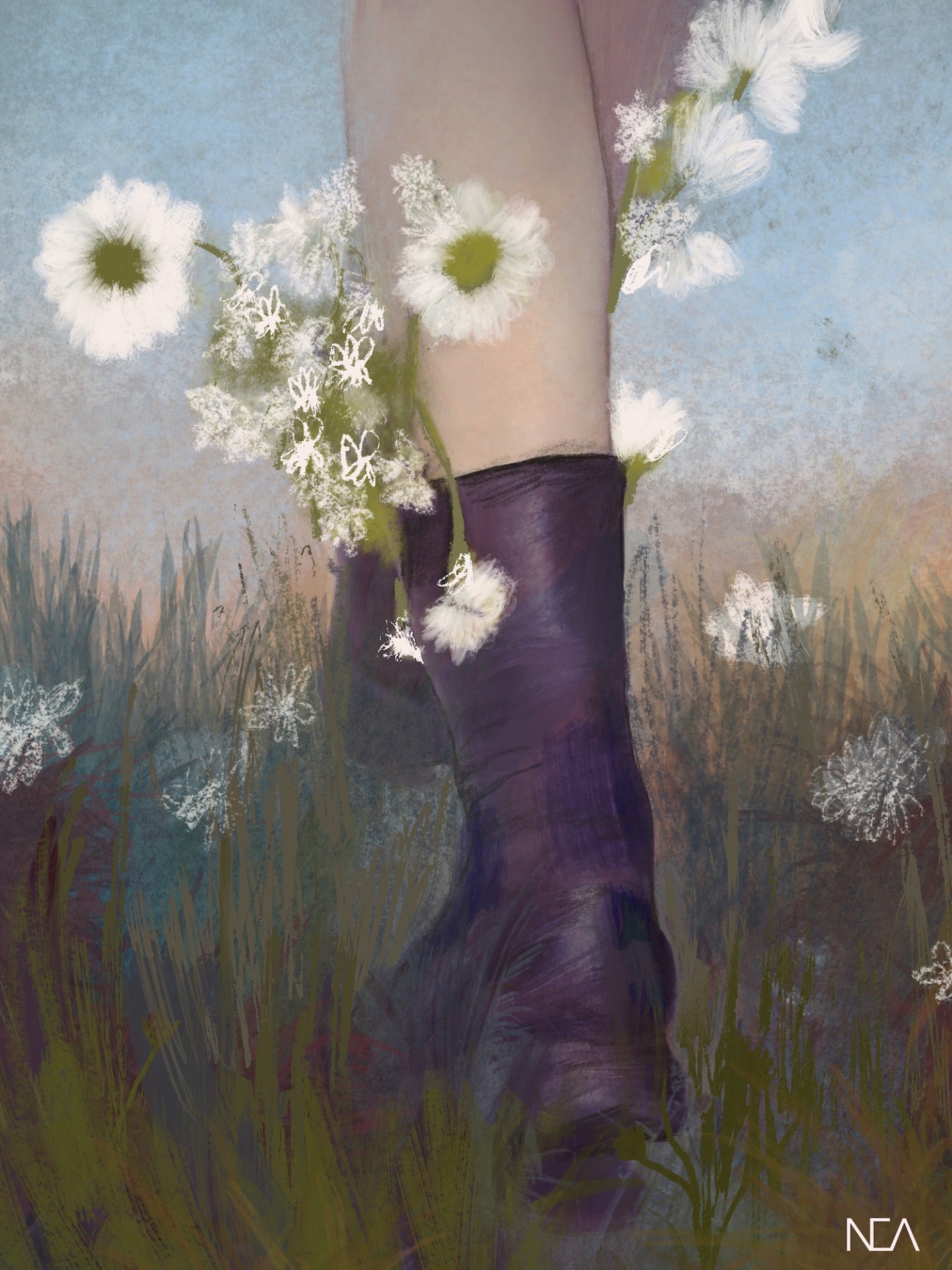 ILUSTRAÇÃO "4. MY WAY" NEA LIKAR Botas roxas em pele com flores brancas e vegetação num fundo azul