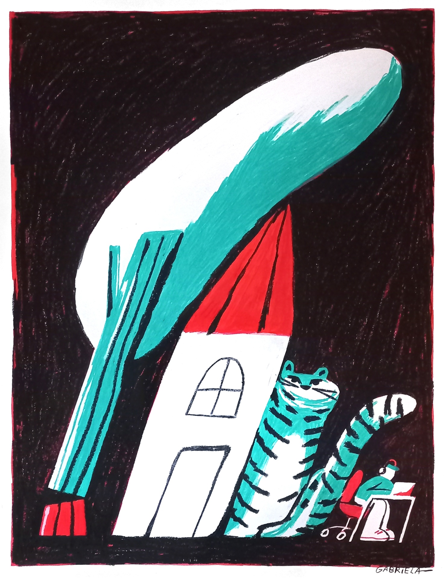 ORIGINAL "EFEITO DOMINÓ" GABRIELA ARAÚJO Desenho estilizado de casa branca com telhado vermelho, gato azul riscado e pessoa a escrever numa secretária