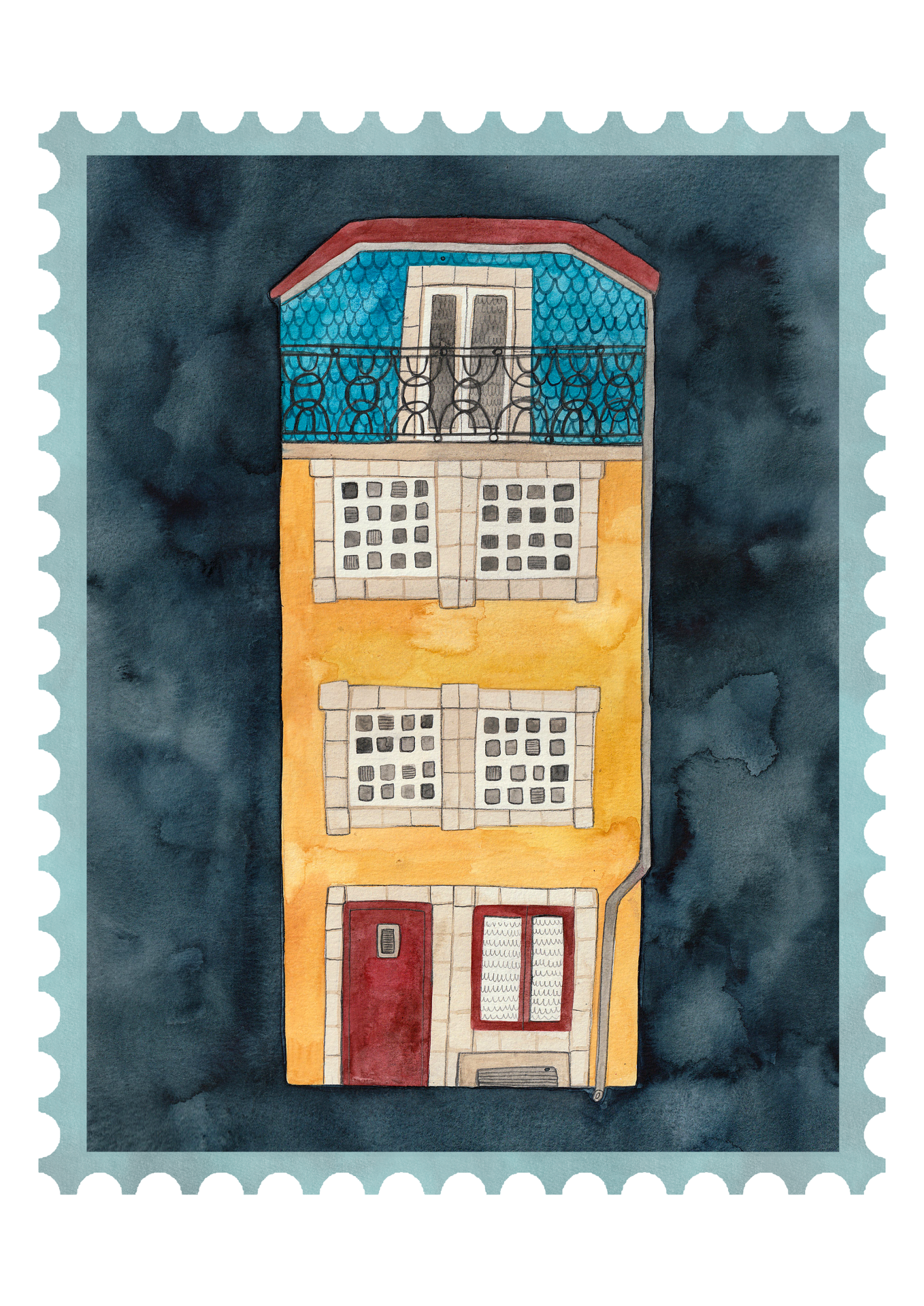 ILUSTRAÇÃO "2. HARMONY" MIRJAM SIIM Ilustração de selo postal com casa amarela de três andares