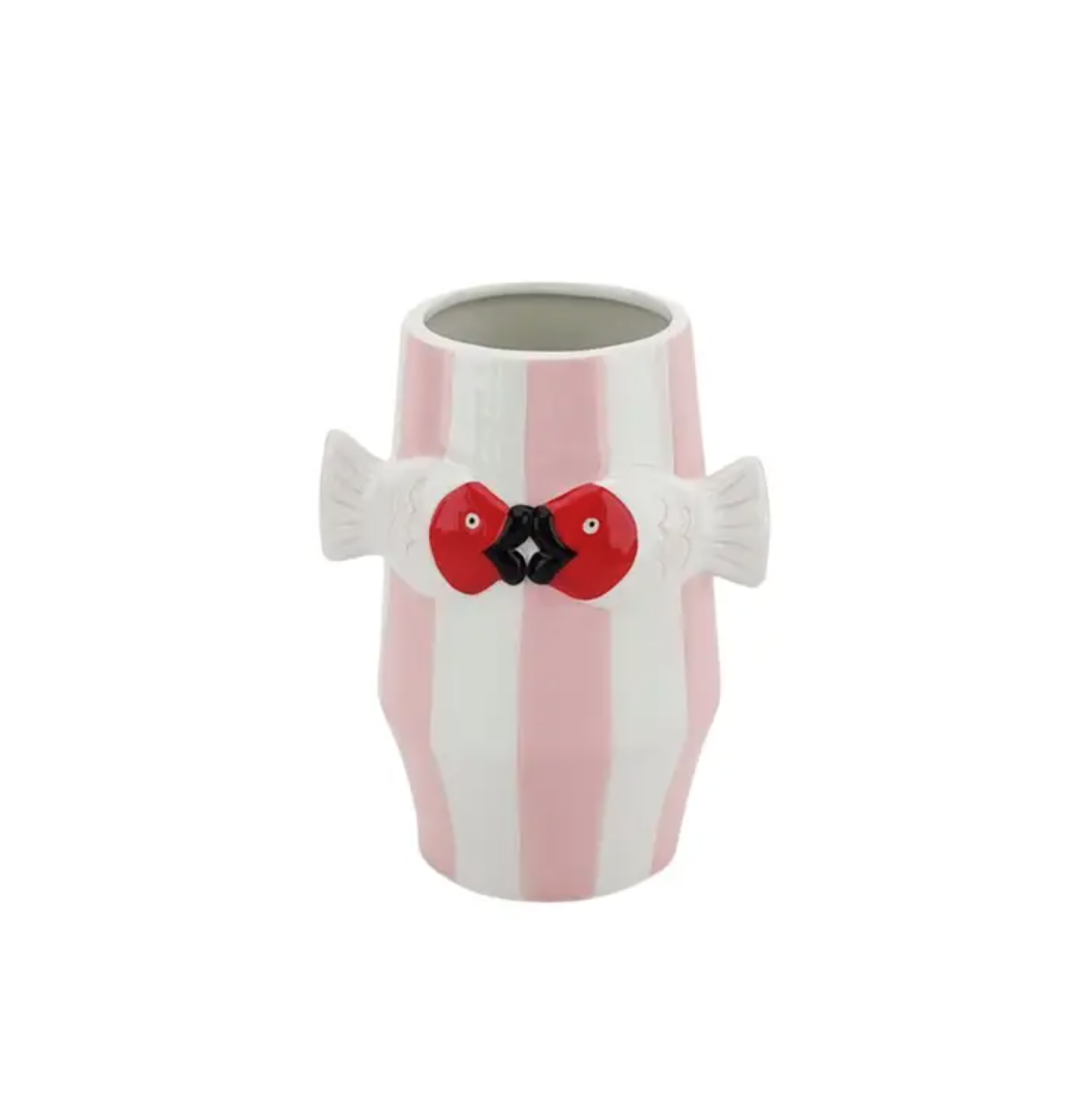 Vase -Flower Vase Fishes - Pink/White House Vitamin Vaso cerâmico riscas cor-de-rosa e branco com peixes vermelhos