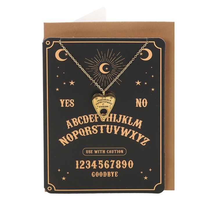 CARTÃO DE SAUDAÇÃO COM COLAR "OUIJA BOARD" SOMETHING DIFFERENT Colar dourado com pingente em forma de coração e cartão em estilo tabuleiro Ouija