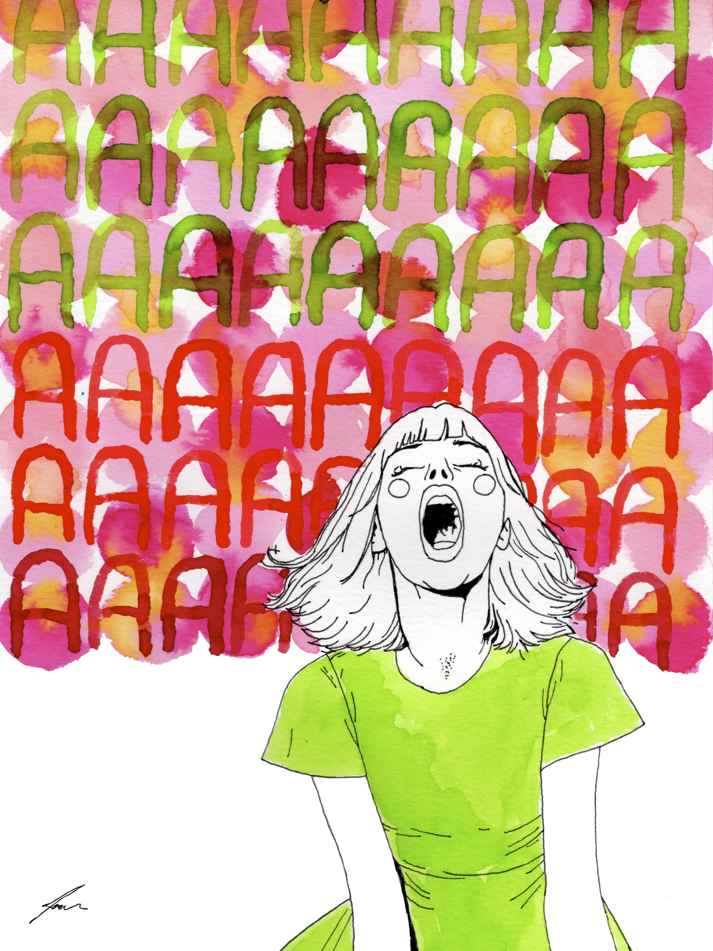 ILUSTRAÇÃO "O GRITO QUE NÃO CABE NA BOCA" JOANA NÓBREGA Jovem a gritar com vestido verde e letras A coloridas ao fundo.
