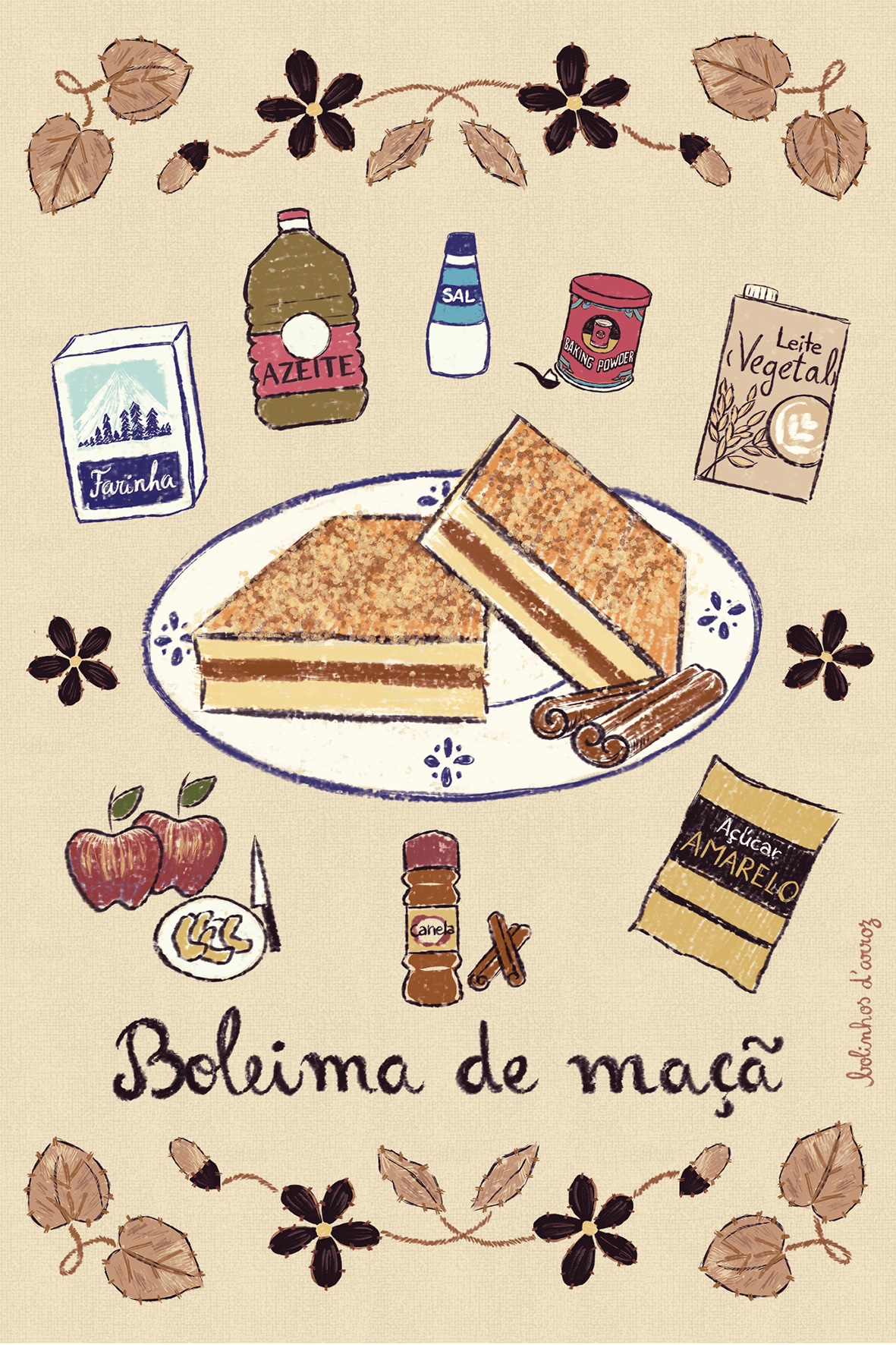 ILUSTRAÇÃO "BOLEIMA DE MAÇÃ" PATRÍCIA GARÇÃO Ilustração de Boleima de maçã com ingredientes e decoração de folhas e flores