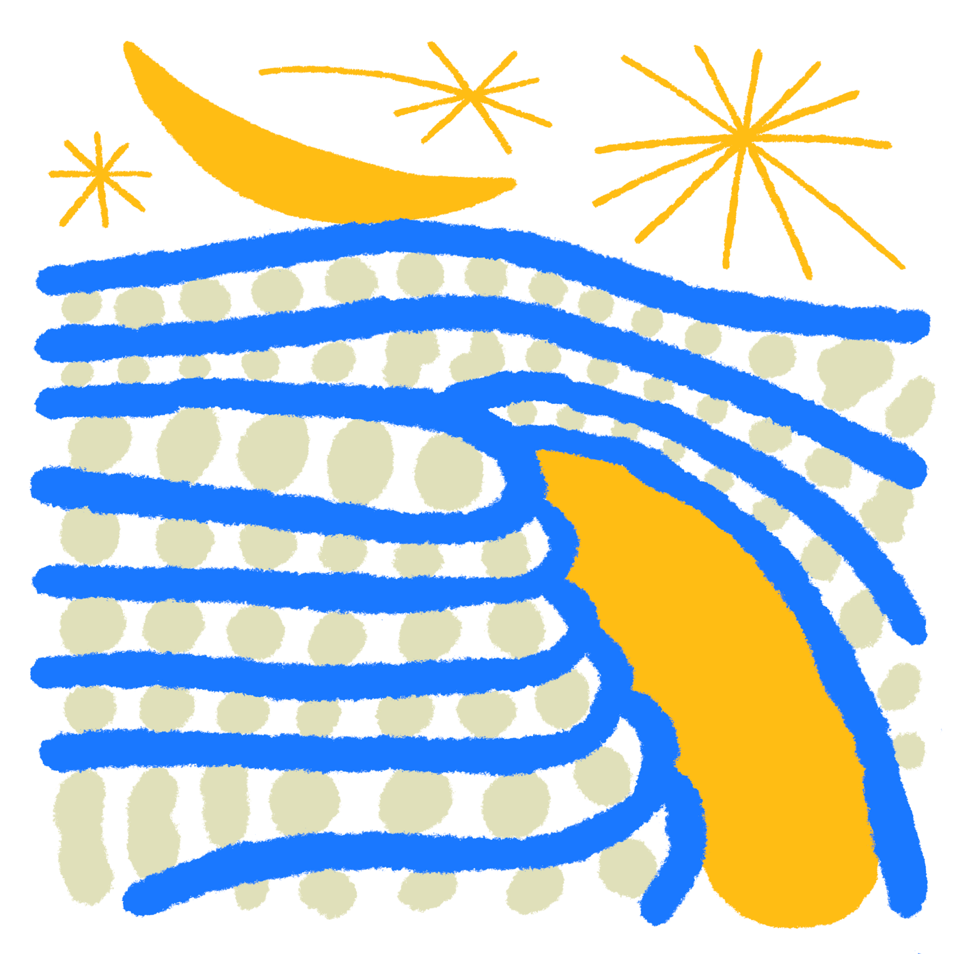 ILUSTRAÇÃO "DOURO II" IGA NAWARA Padrão abstrato com linhas azuis, formas bege e detalhes amarelos num fundo branco