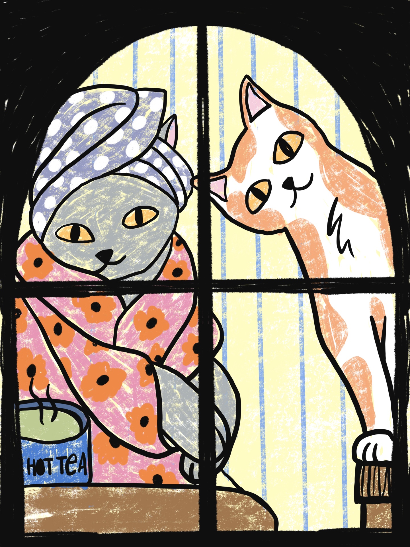 ILUSTRAÇÃO "ATO DE ESPREITAR" JESS ILLUSTRATES Ilustração de gatos atrás de janela com roupão e touca e felino branco com manchas castanhas