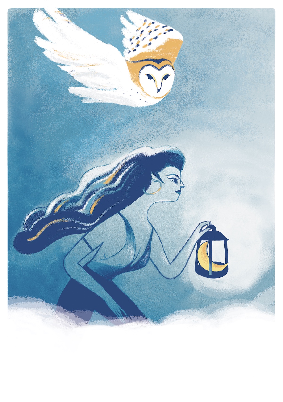 ILUSTRAÇÃO "CORUJA-DAS-TORRES" SUSANA CARVALHINHOS Ilustração de mulher segurando lanterna com coruja voando acima