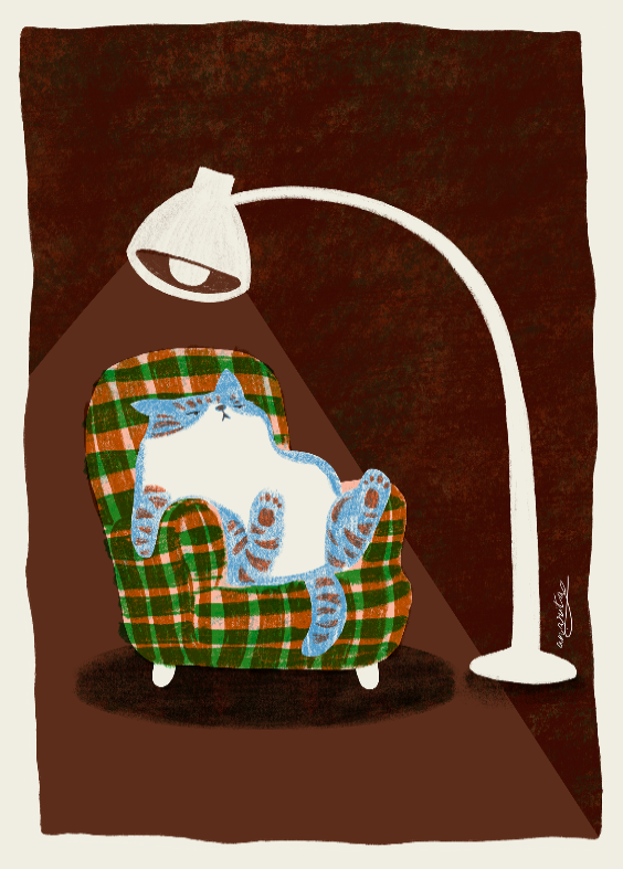 ILUSTRAÇÃO "LAZY CAT" ANA RITA ROBALO Gato azul a dormir numa poltrona xadrez verde e laranja sob luz branca