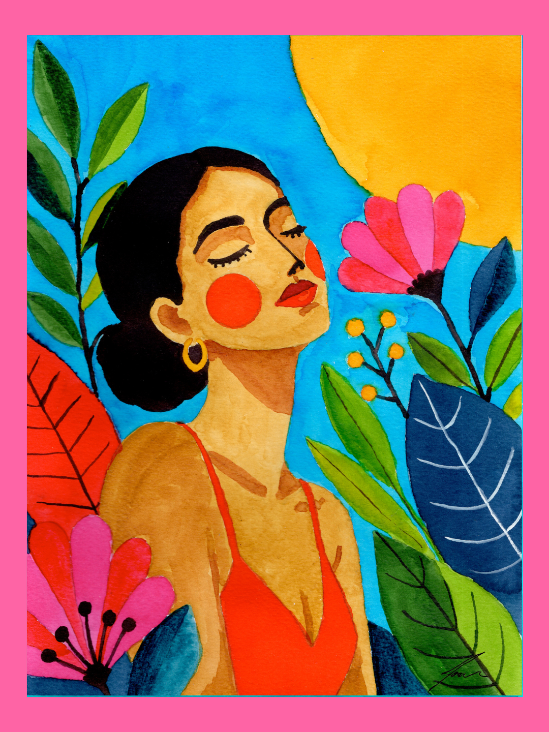 ORIGINAL "SUNKISSED II" JOANA NÓBREGA Ilustração colorida de mulher com vestido laranja e flores