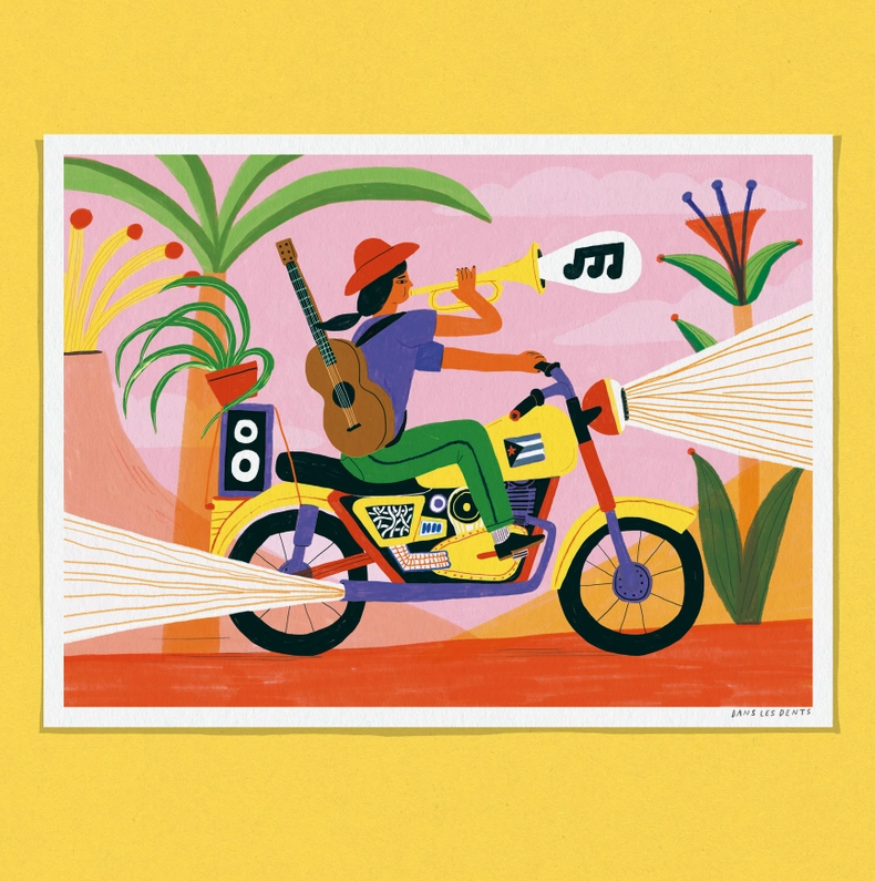 ILUSTRAÇÃO "LA JOUEUSE DE TROMPETTE" DANS LES DENTS Ilustração de pessoa a tocar trompete numa mota com guitarra às costas e elementos decorativos