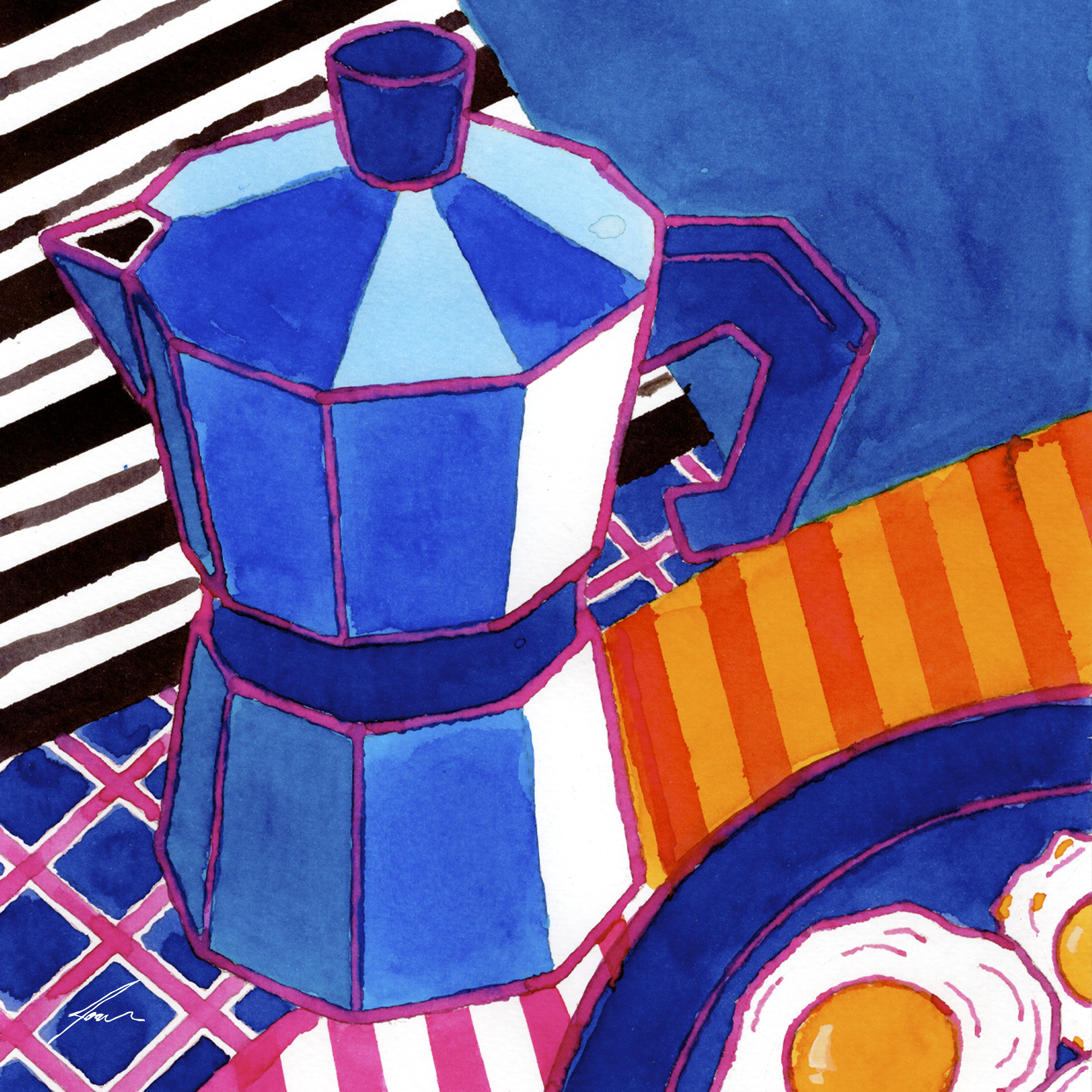 AZULEJO "PEQUENO-ALMOÇO II" JOANA NÓBREGA Ilustração de cafeteira azul e prato com ovos estrelados sobre fundos listrados.