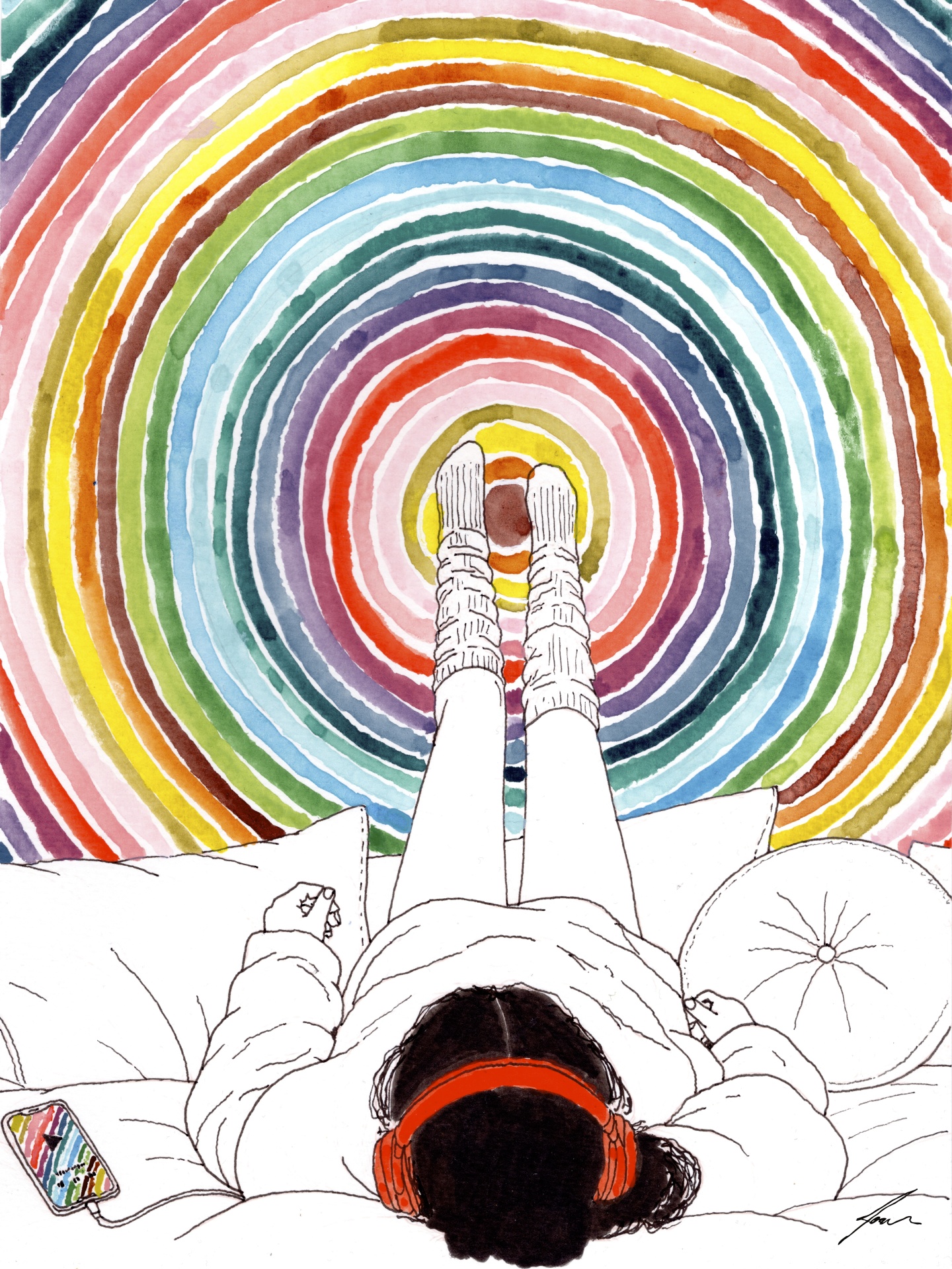ILUSTRAÇÃO "IMERSA" JOANA NÓBREGA Pessoa deitada com auriculares vermelhos sobre tapete multicolor em círculos