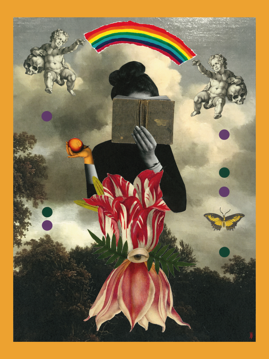 ORIGINAL "BETWEEN WORLDS" SUSANA SILVA Colagem artística com figura humana, livro, flor vermelha e branca com olho, anjos, arco-íris e borboleta