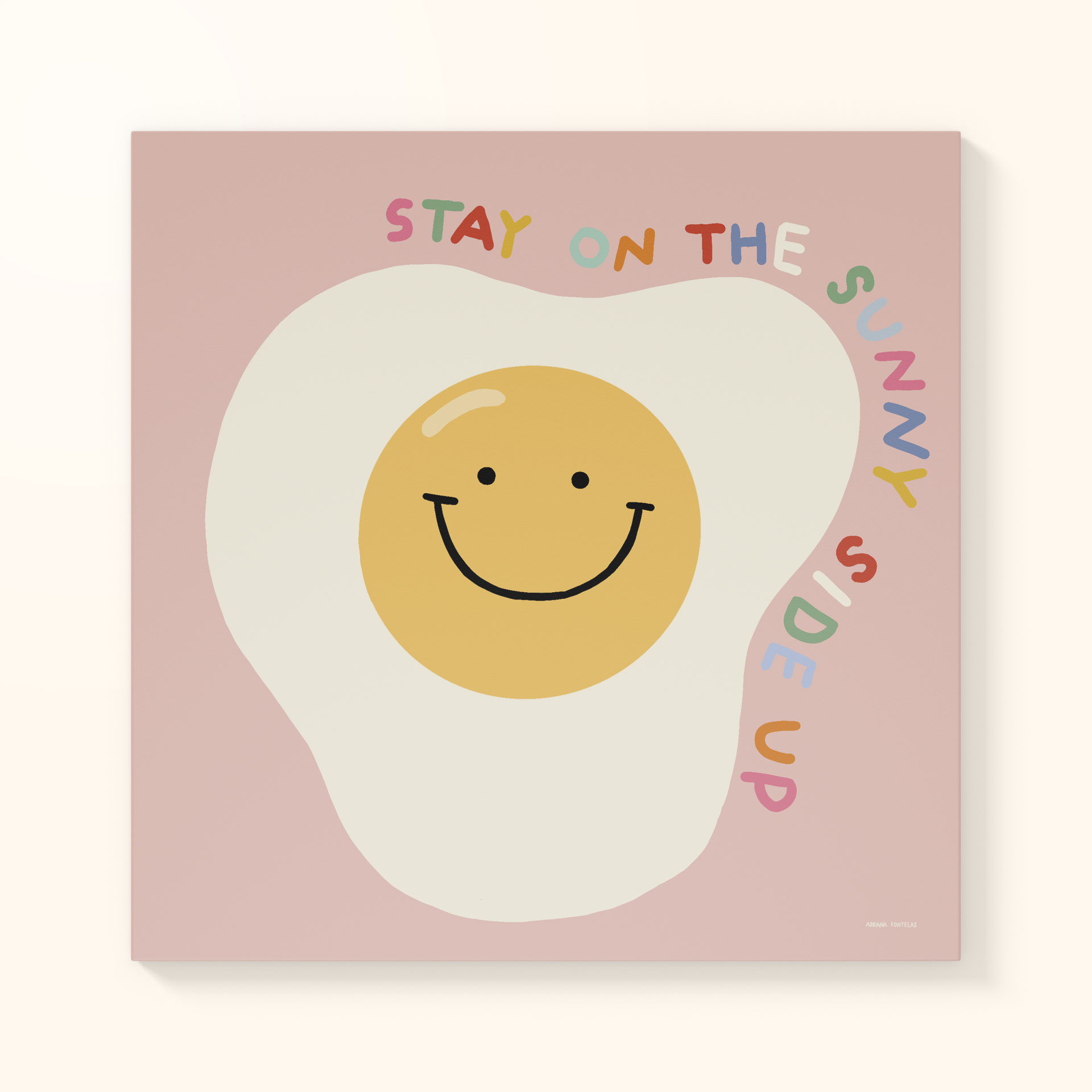 AZULEJO "EGG" ADRIANA FONTELAS Tela decorativa com desenho de ovo estrelado sorridente e frase colorida