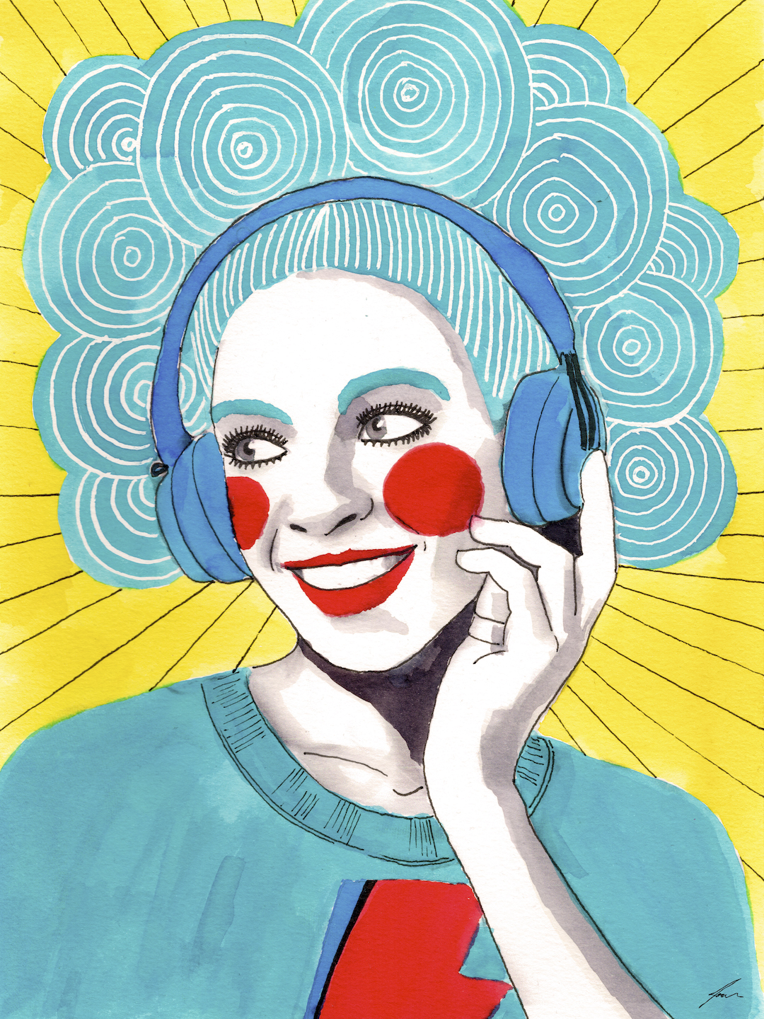 ORIGINAL "LET'S DANCE I" JOANA NOBREGA Ilustração de pessoa com auscultadores azuis e cabelo azul em espiral