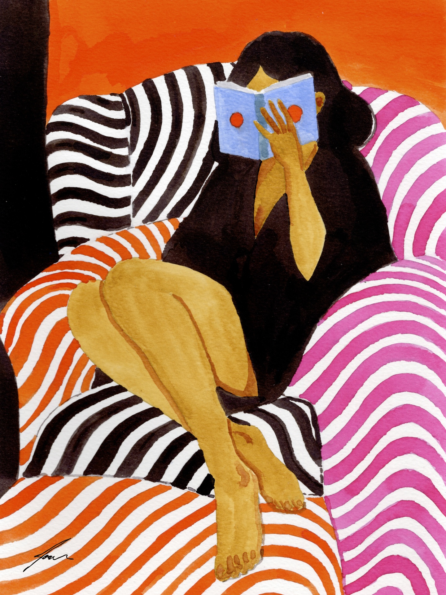 ILUSTRAÇÃO "ENTRE LINHAS I" JOANA NÓBREGA Mulher a ler no sofá com padrões de listras onduladas