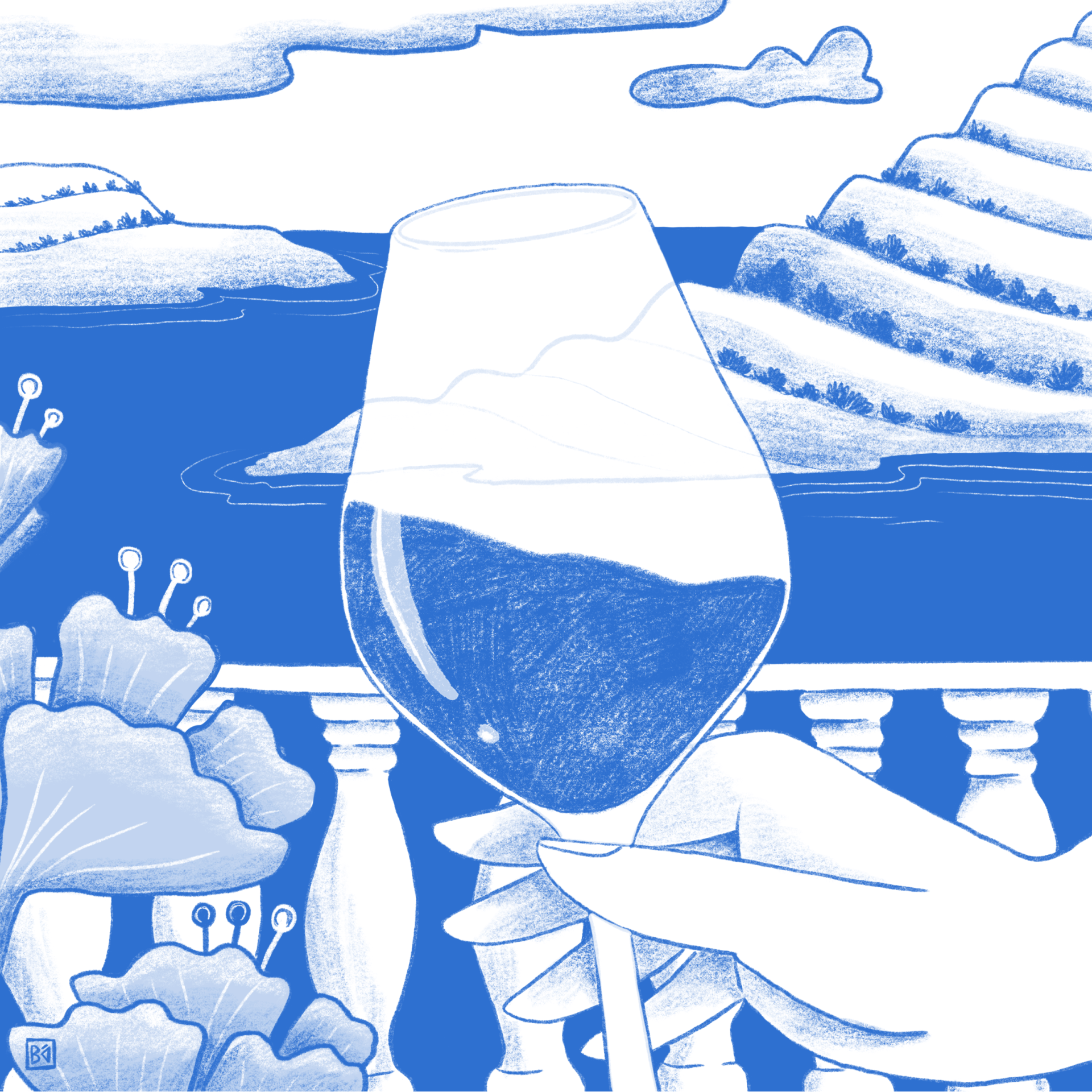 ILUSTRAÇÃO "DOURO II" BÁRBARA AMARAL Ilustração azul e branco de taça de vidro com bebida azul e paisagem estilizada