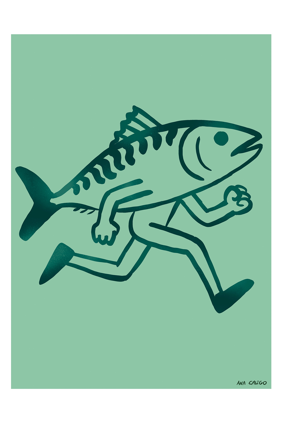 ILUSTRAÇÃO "ARMAR EM CARAPAU DE CORRIDA" ANA CALIGO Ilustração de figura humana com cabeça de peixe a correr em fundo verde claro