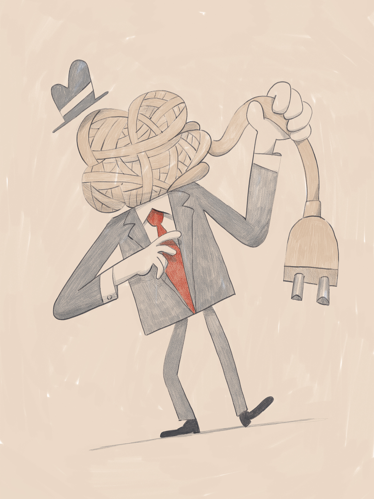 ILUSTRAÇÃO "ELECTRICAL PLUG" JOÃO COSTA Desenho de figura humana com nó de corda na cabeça, fato cinzento e cabo elétrico