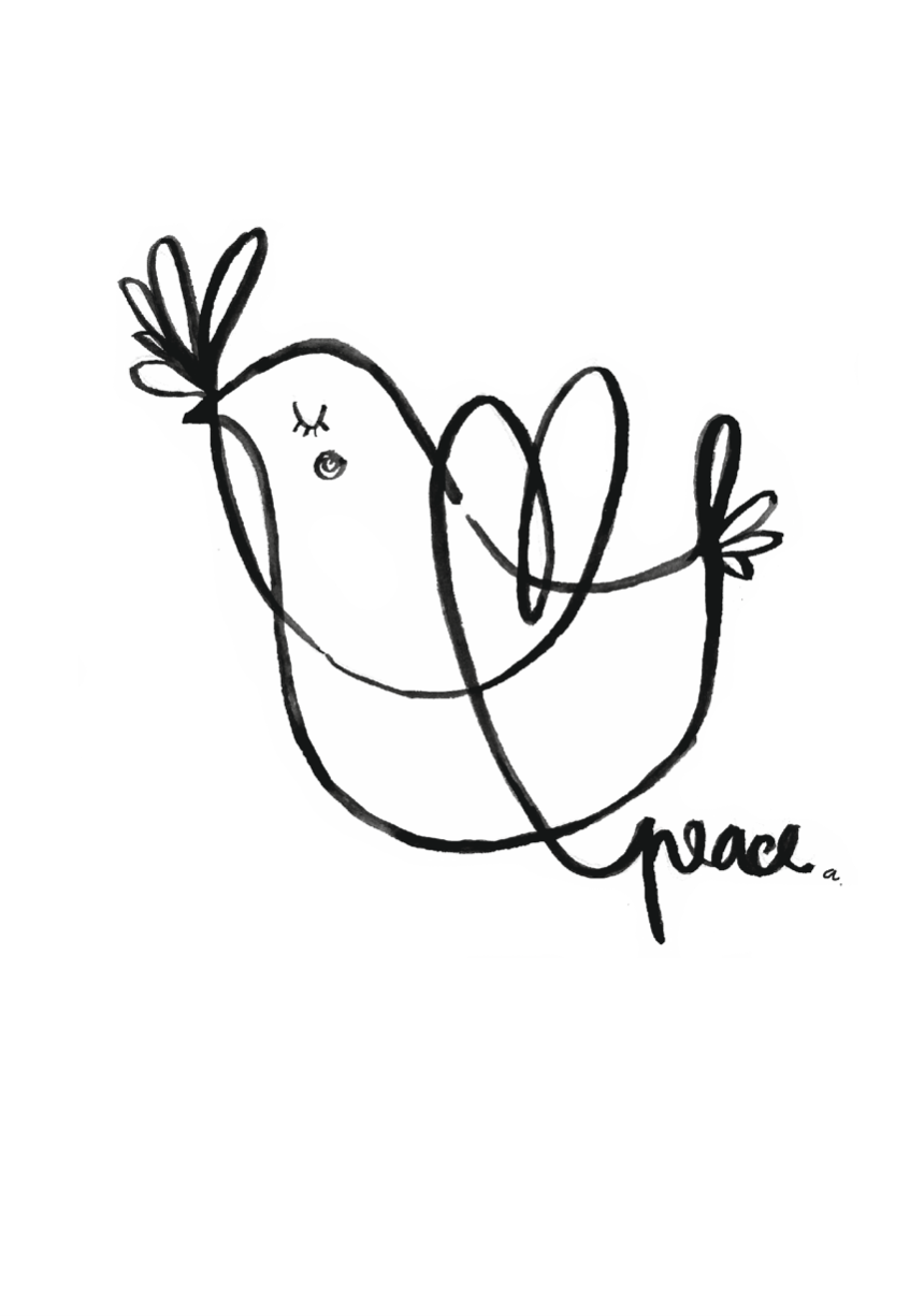 ILLUSTRATING FOR UKRAINE 70 🇺🇦 Desenho a caneta preta de um pássaro com texto peace