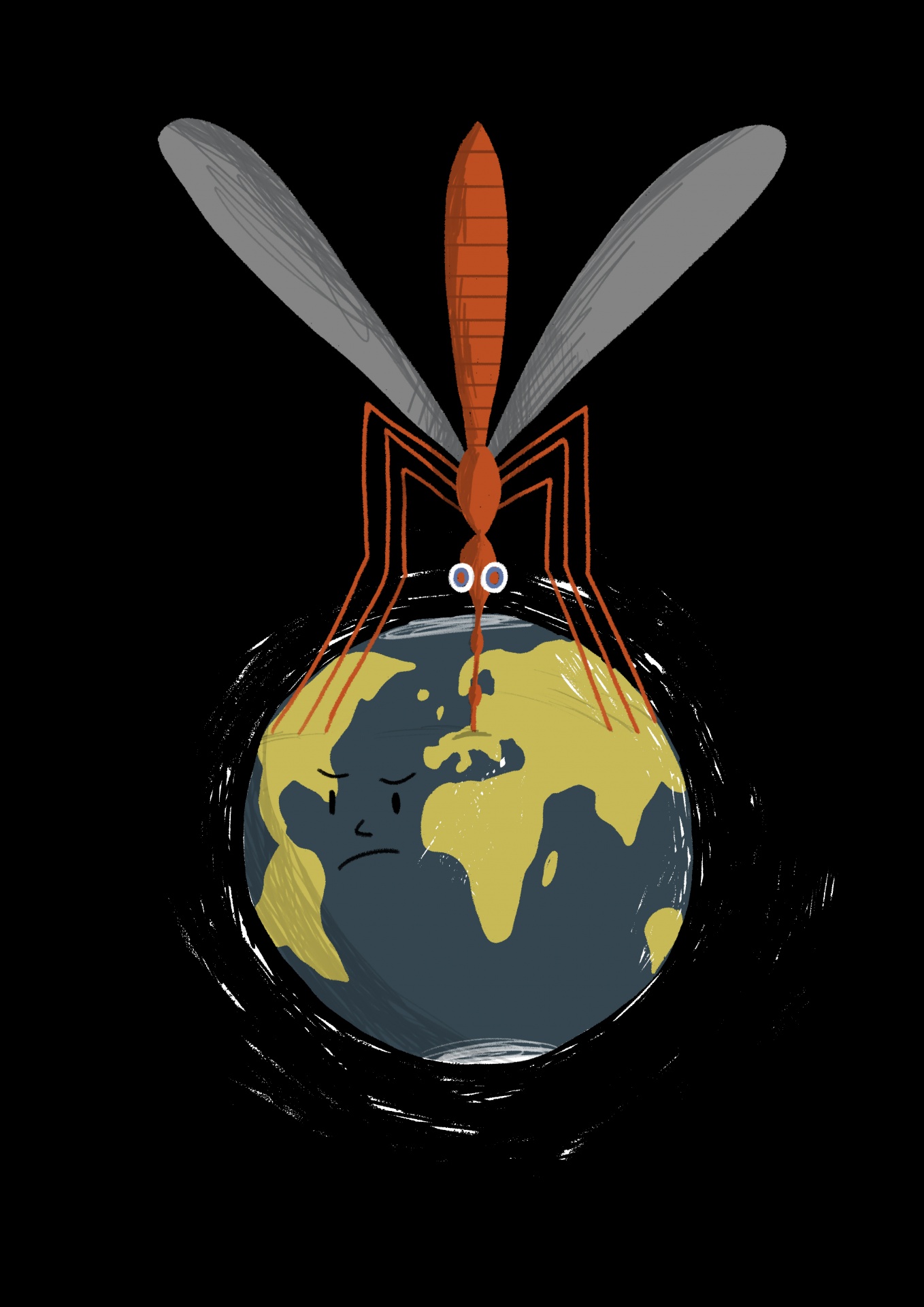 ILLUSTRATING FOR UKRAINE 67 🇺🇦 Ilustração de mosquito em cima do globo terrestre com rosto triste