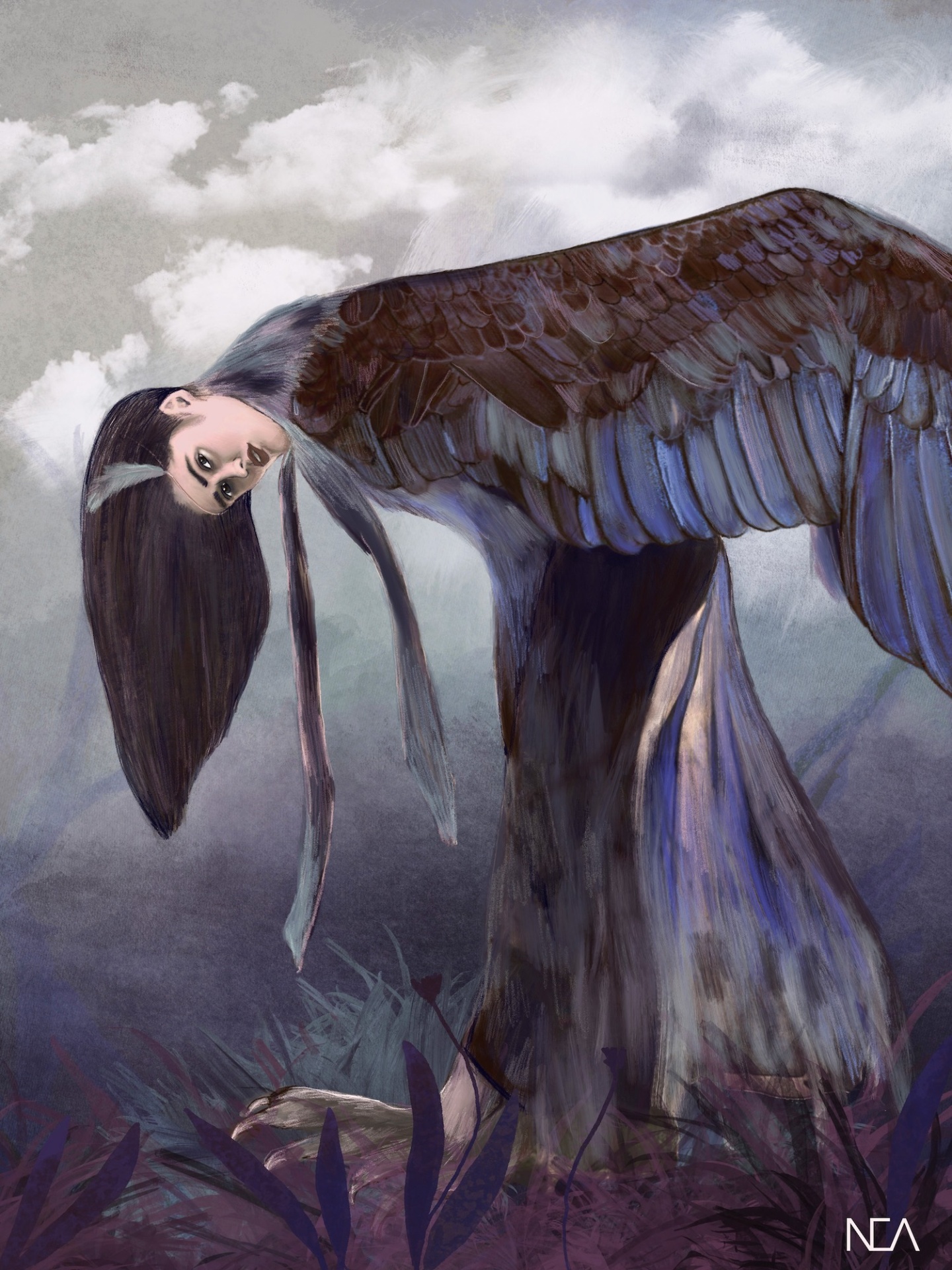 ILUSTRAÇÃO "3. SIREN" NEA LIKAR Criatura com corpo de pássaro e cabeça humana em ambiente nublado
