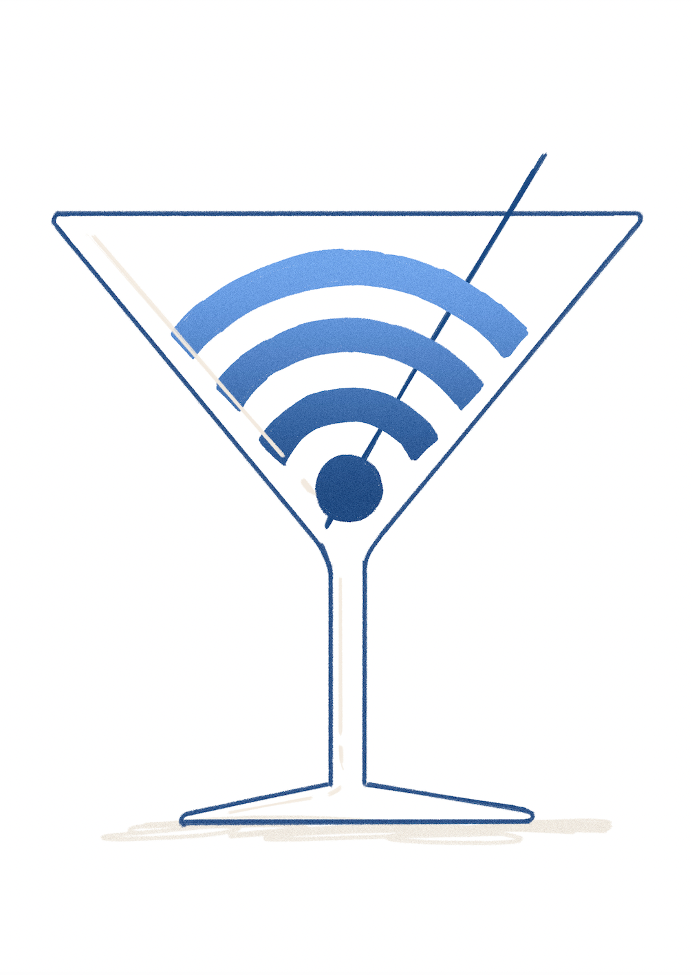 ILUSTRAÇÃO "8 - OFFLINE" JOÃO COSTA Desenho de copo de cocktail azul com símbolo Wi-Fi e azeitona