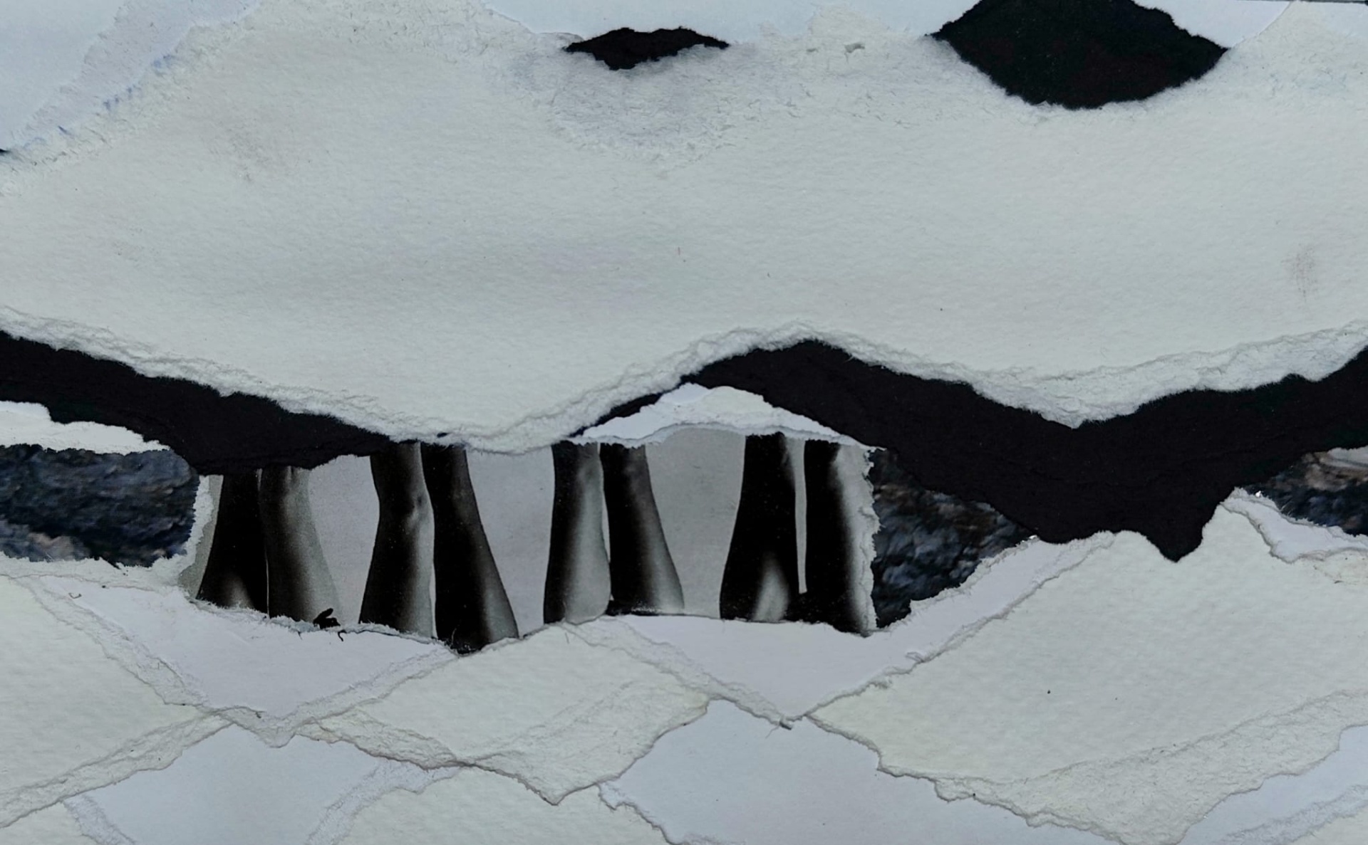ORIGINAL "CORPUS XI" IVO TEIXEIRA folhas rasgadas de papel branco e preto sobrepostas com imagem de pernas em preto e branco entre as rachas
