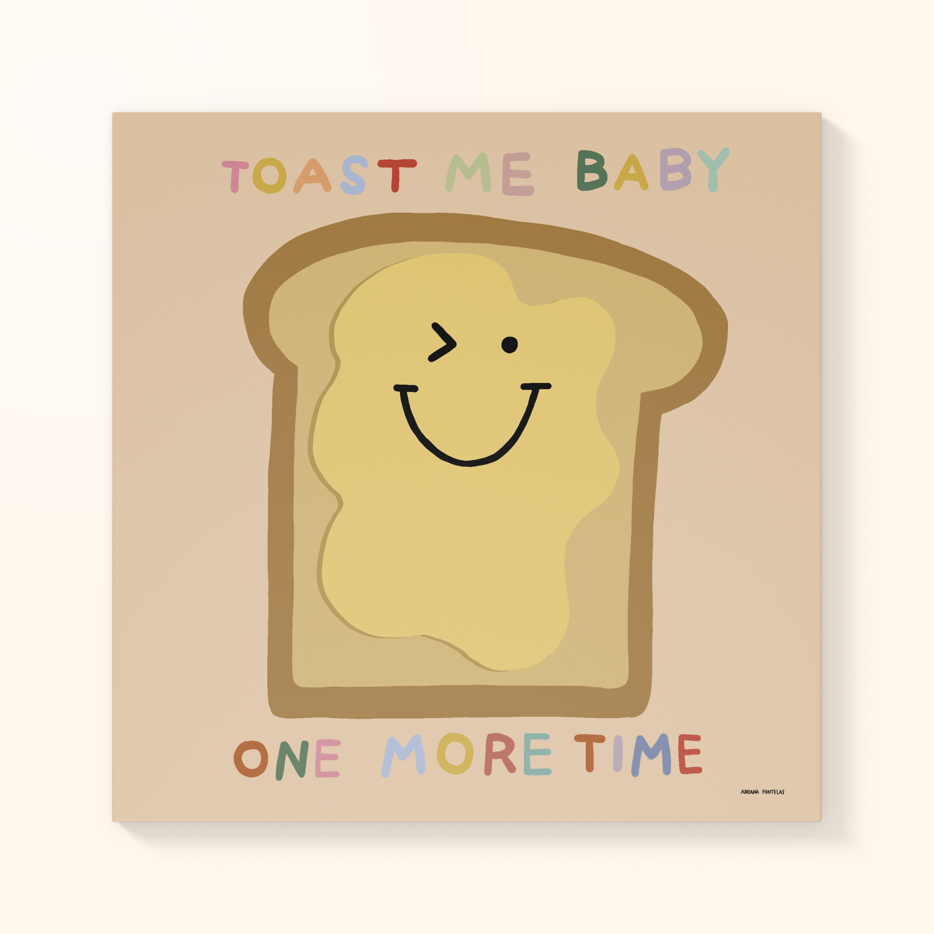 AZULEJO "TOAST" ADRIANA FONTELAS Póster com ilustração de pão com manteiga sorridente e texto colorido