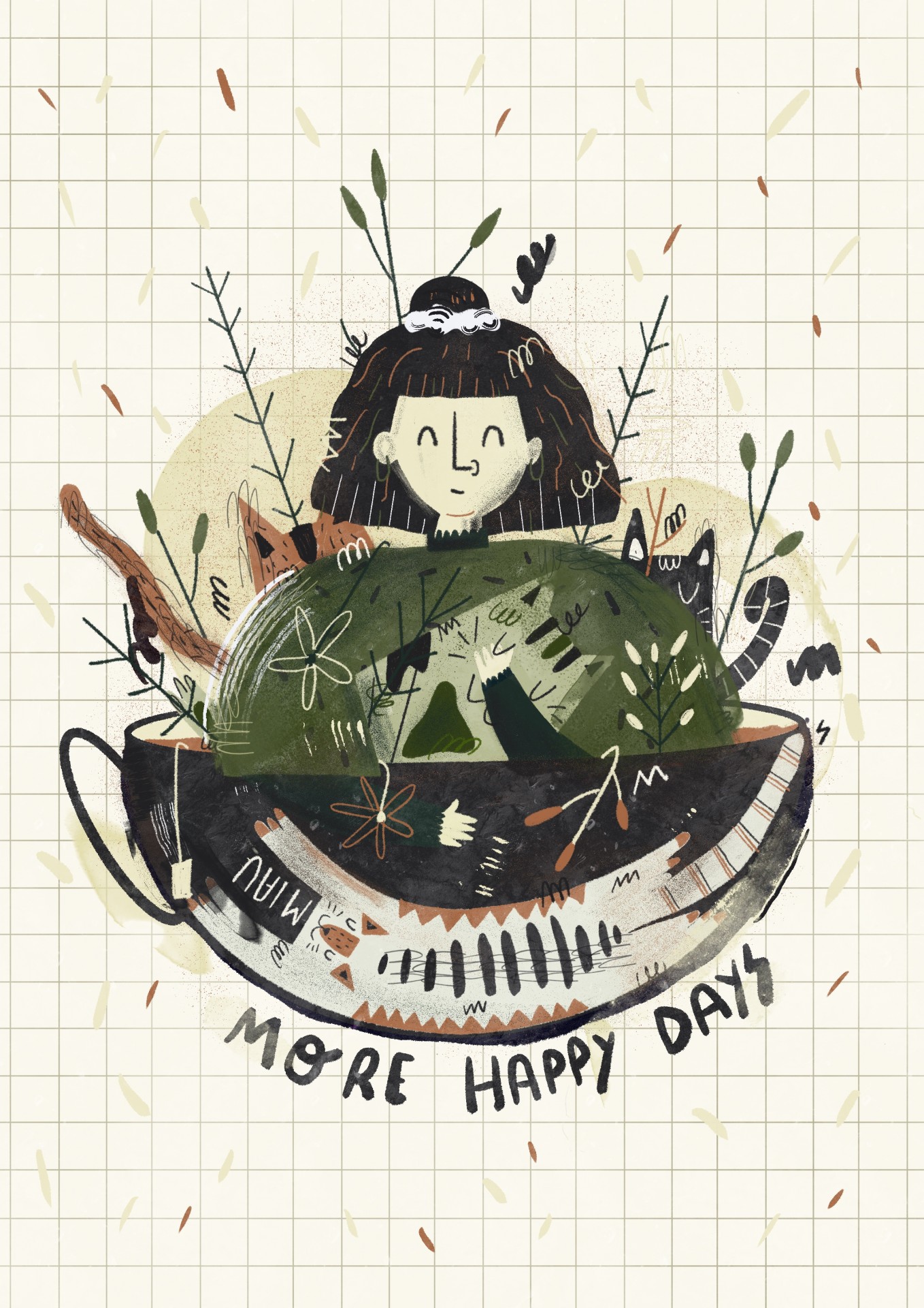 "MORE HAPPY DAYS " DE CATPIVARA - ALL I WANT FOR CHRISTMAS IS ... Ilustração de criança e gato dentro de uma chávena com plantas e texto 'MORE HAPPY DAYS'